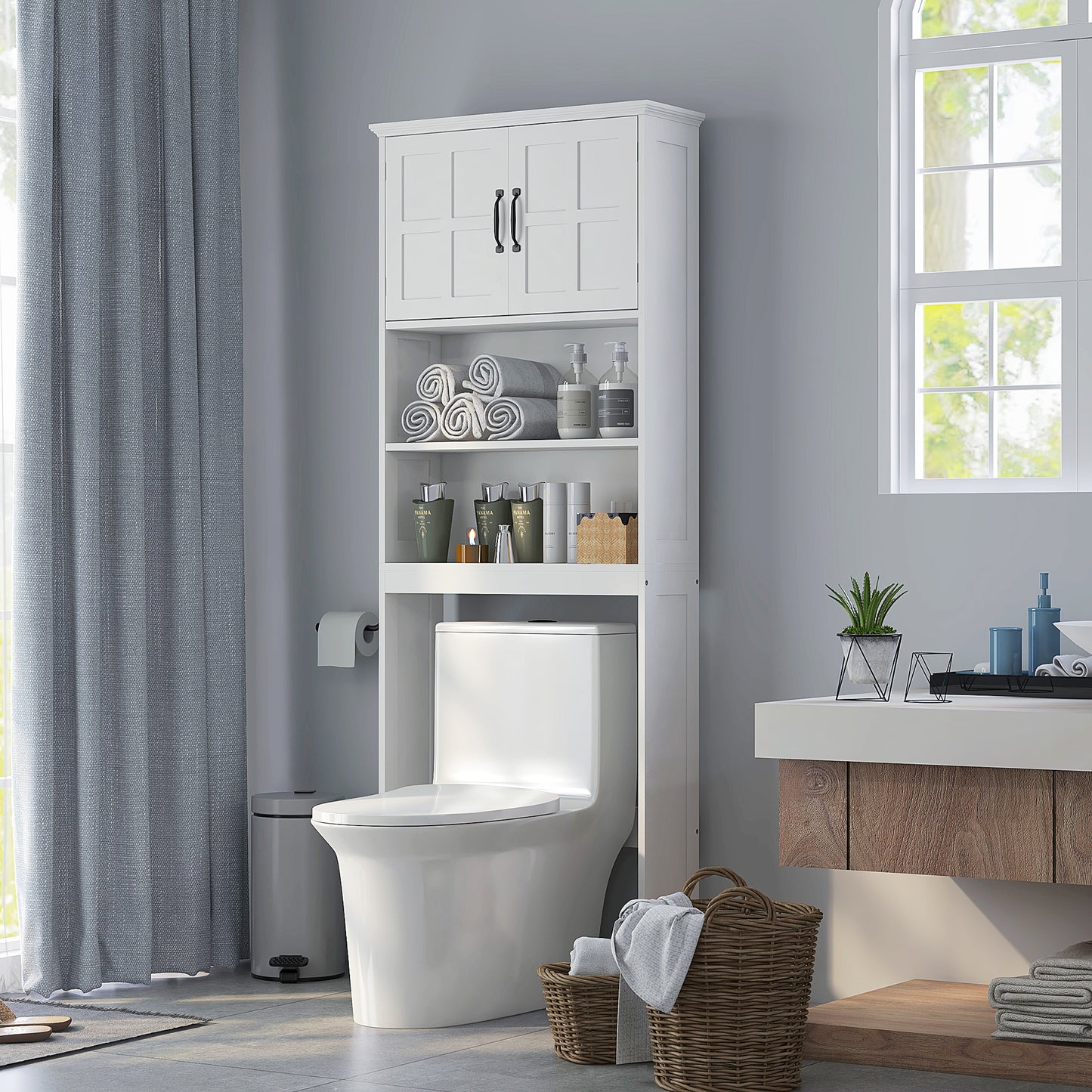 Armoire au-dessus des toilettes avec étagères ouvertes