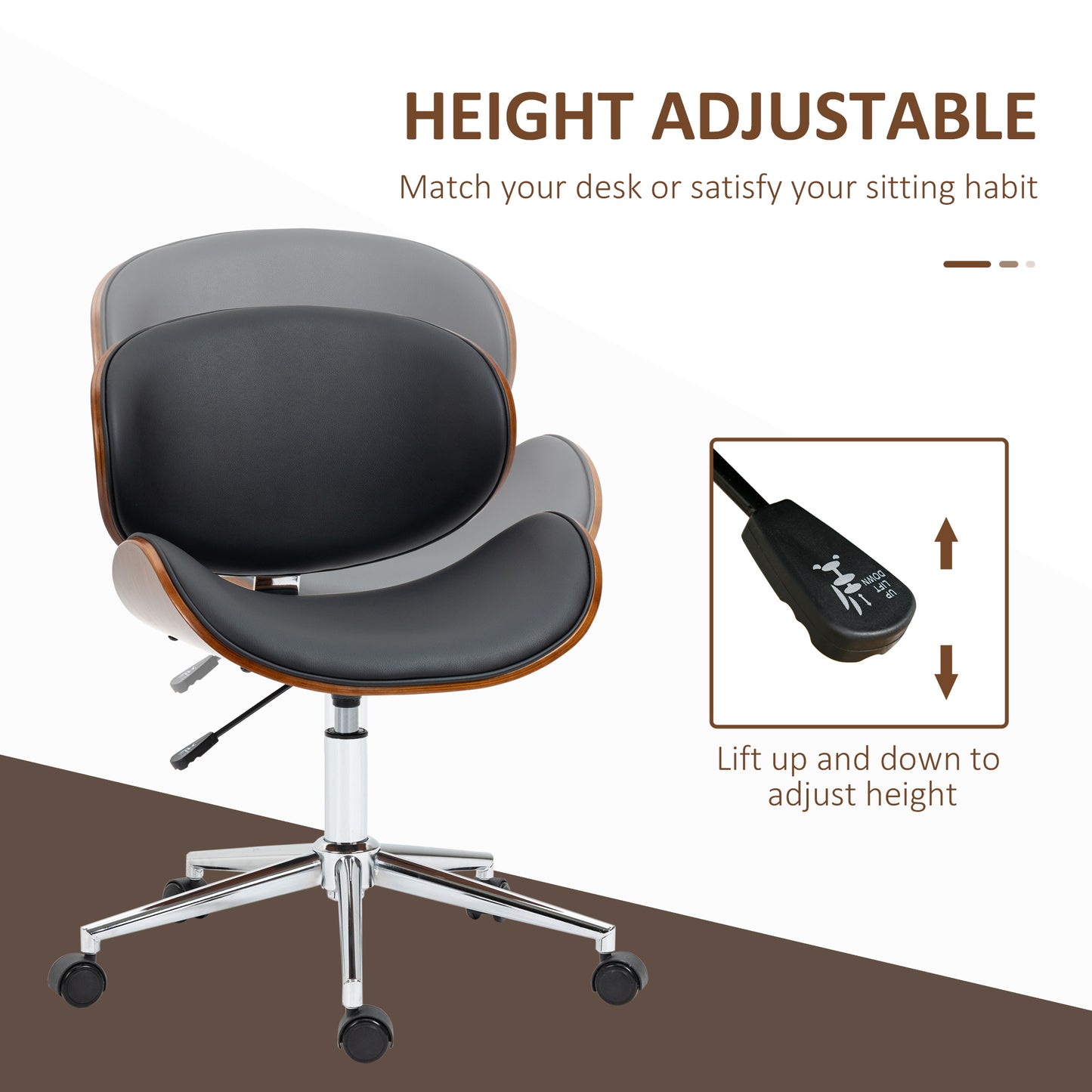 Chaise de bureau pivotante simili-cuir et bois courbé