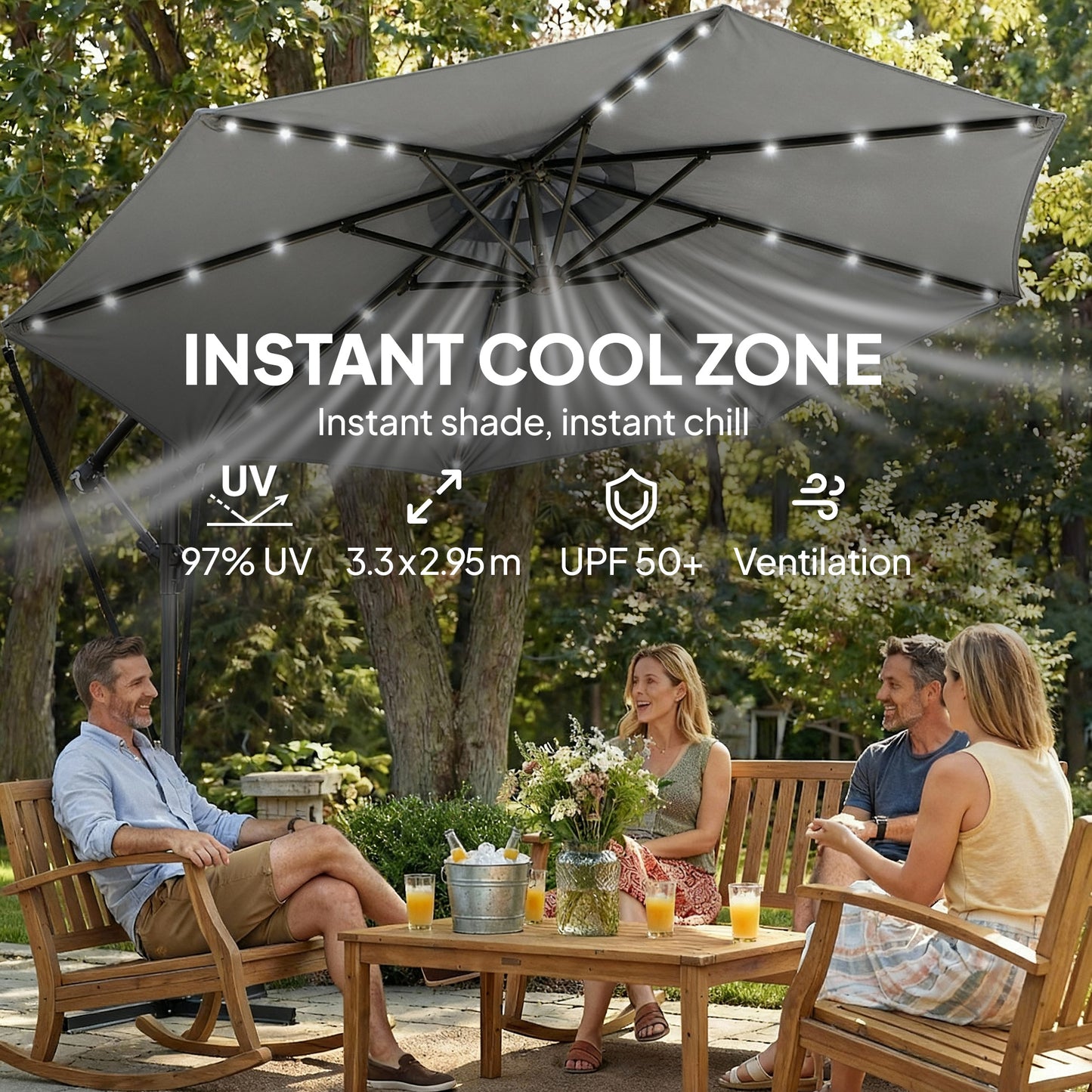 Parasol déporté solaire LED 295 cm avec éclairage