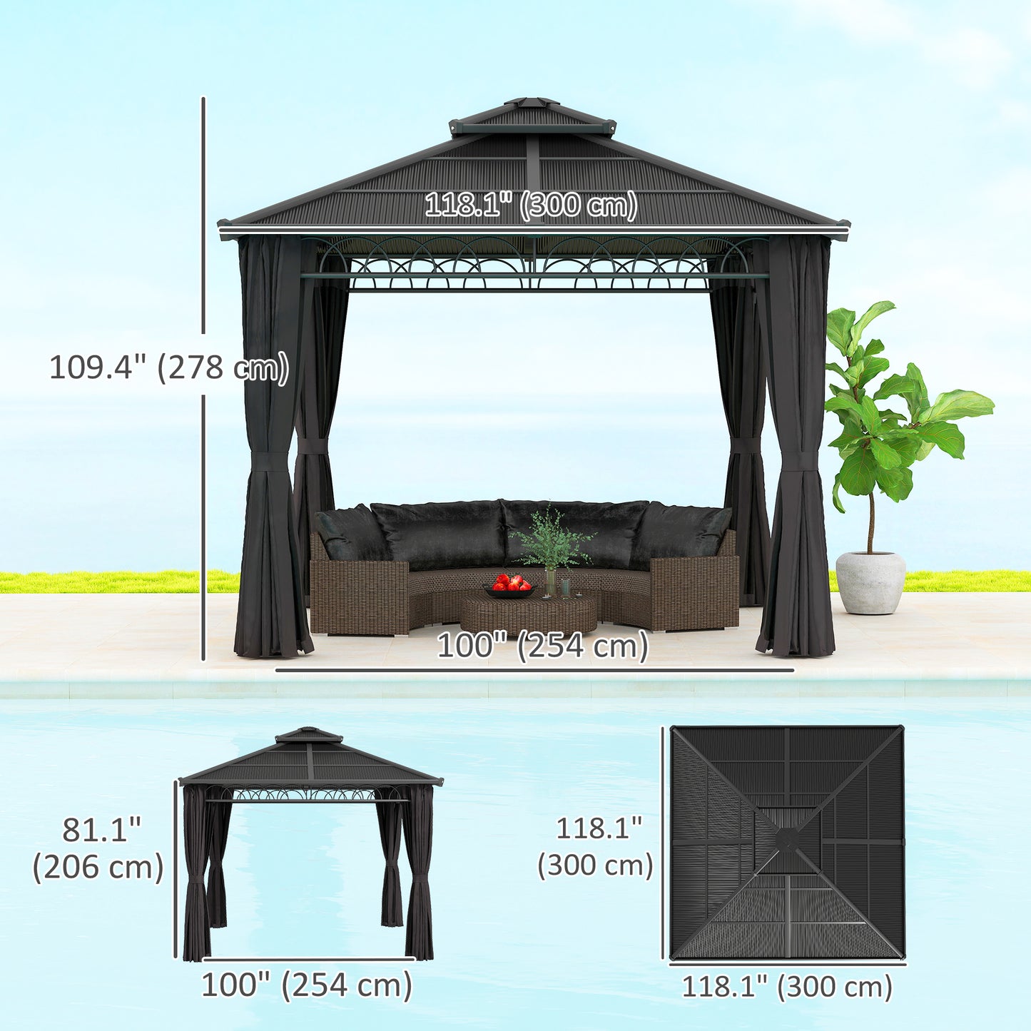 Gazebo rigide double toit PC avec moustiquaire et rideaux