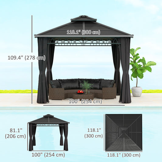 Gazebo rigide double toit PC avec moustiquaire et rideaux