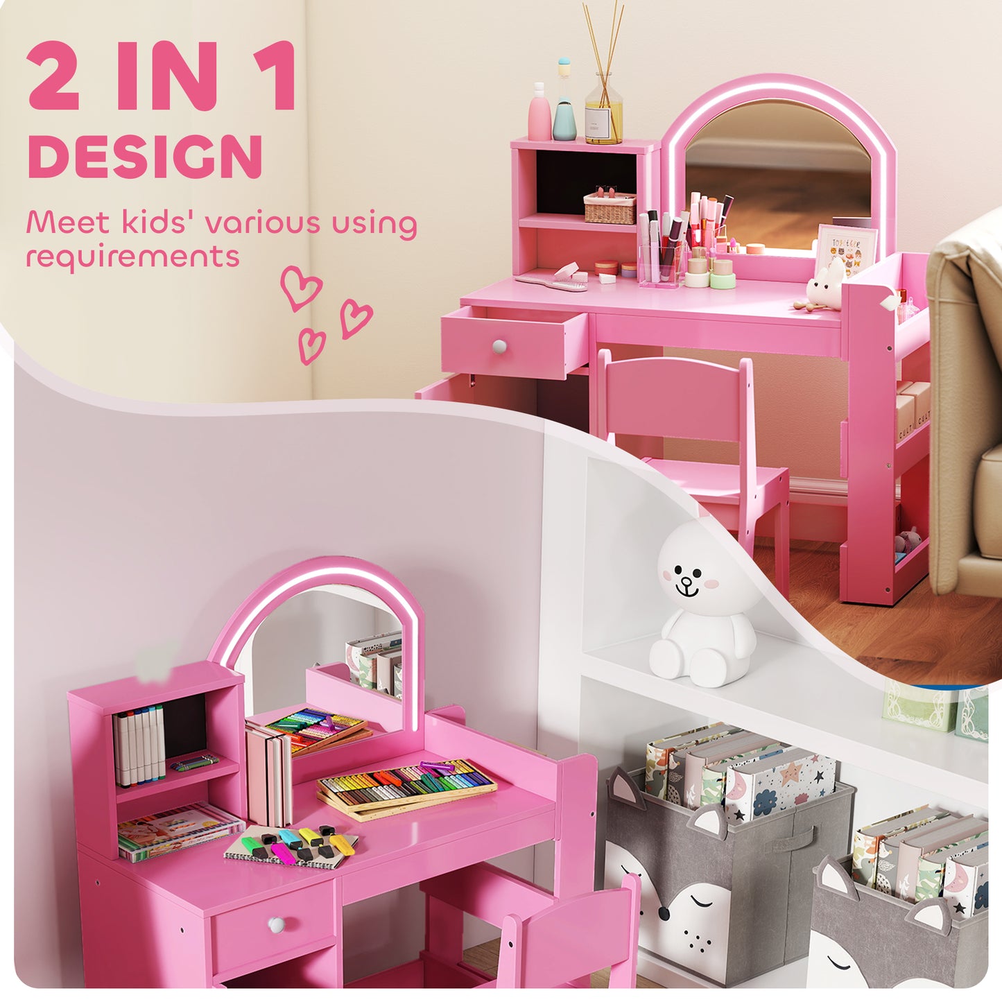 Coiffeuse enfant avec miroir éclairé et rangements