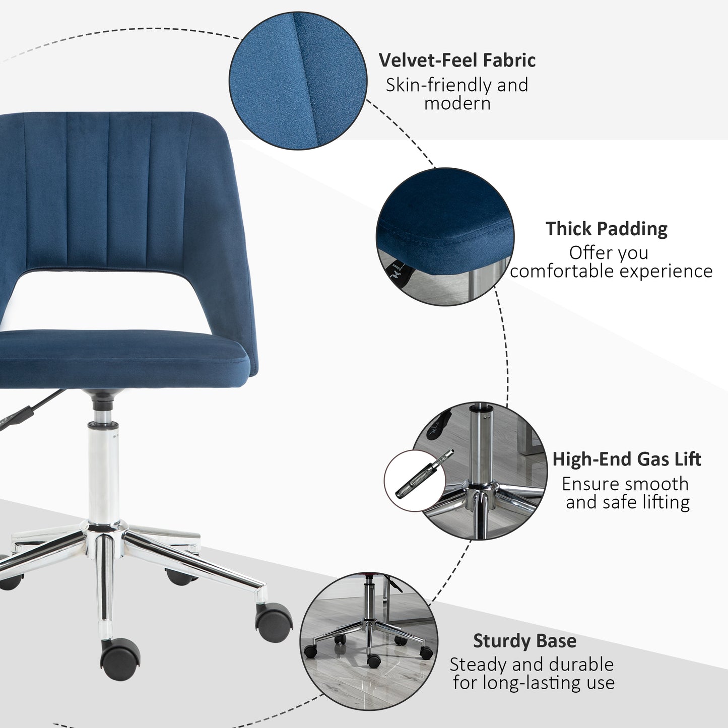 Chaise de bureau mi-hauteur velours forme festonnée pivotante