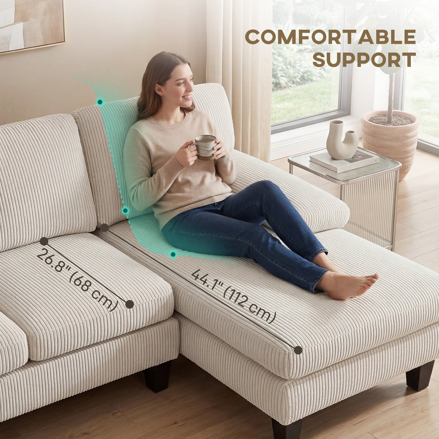 Sofa sectionnel en U avec double chaise en velours côtelé