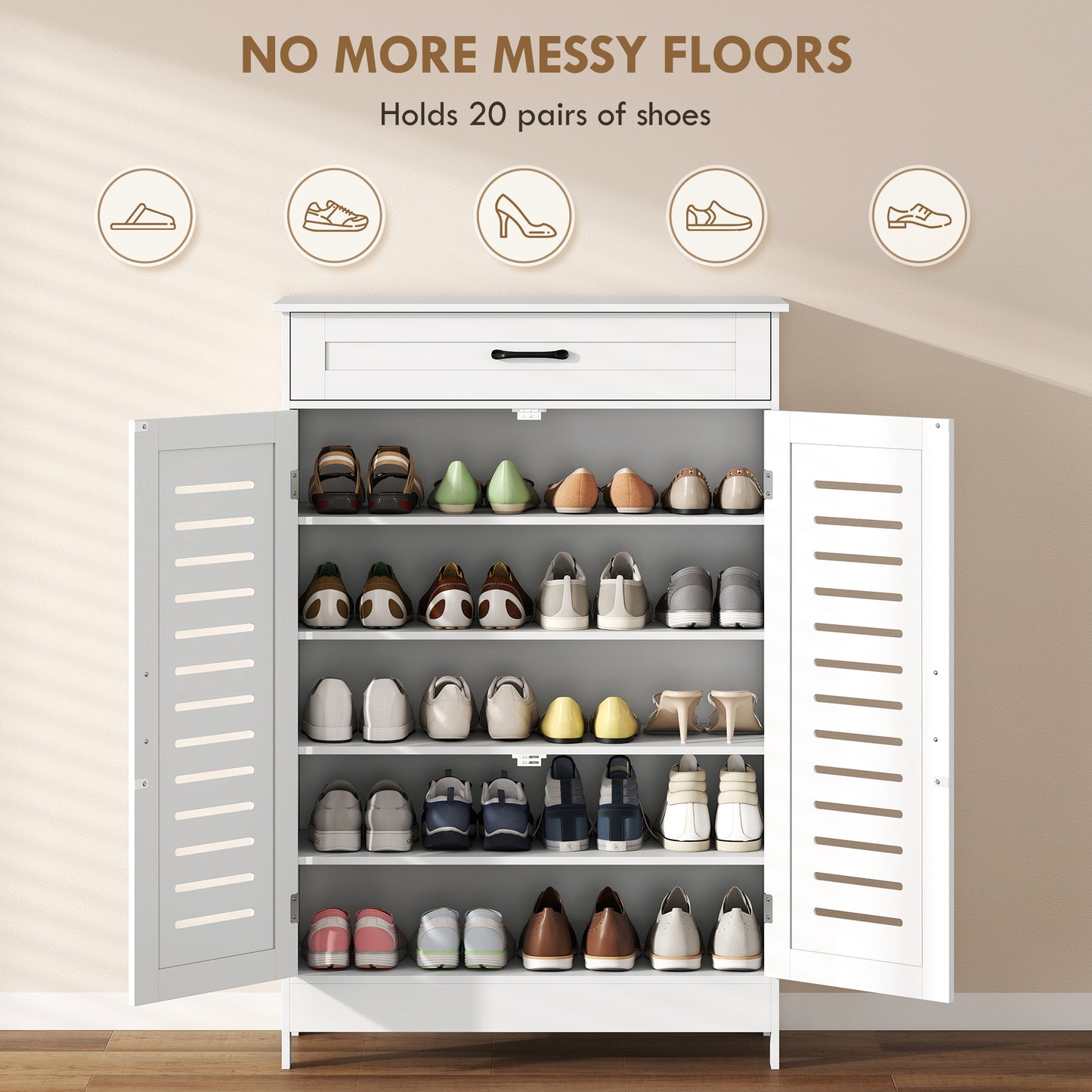 Armoire à chaussures portes persiennées avec tiroir
