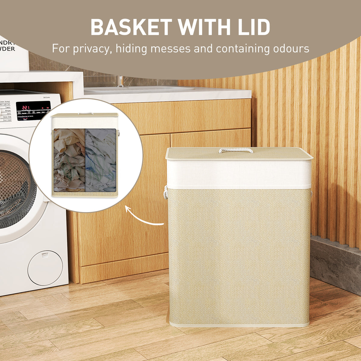 Panier à linge double 100L bambou avec couvercle
