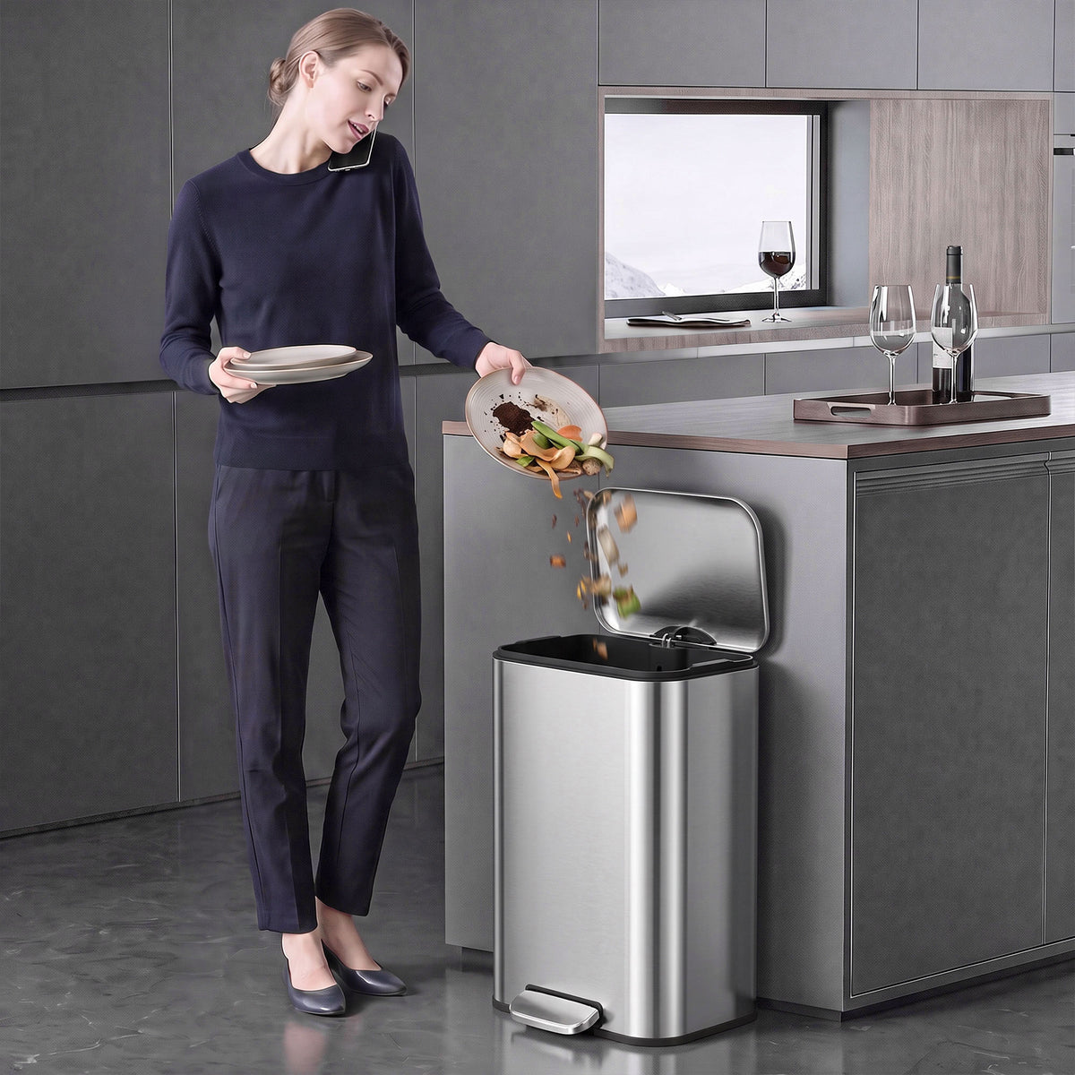Poubelle mince en acier inoxydable avec couvercle à fermeture douce