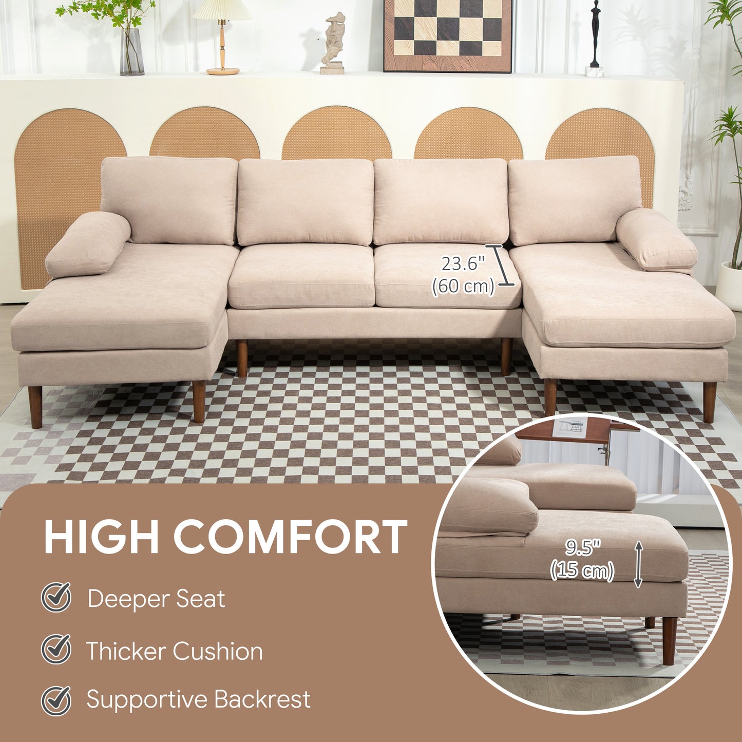 Sofa en U double méridienne 4 places — tissu lin