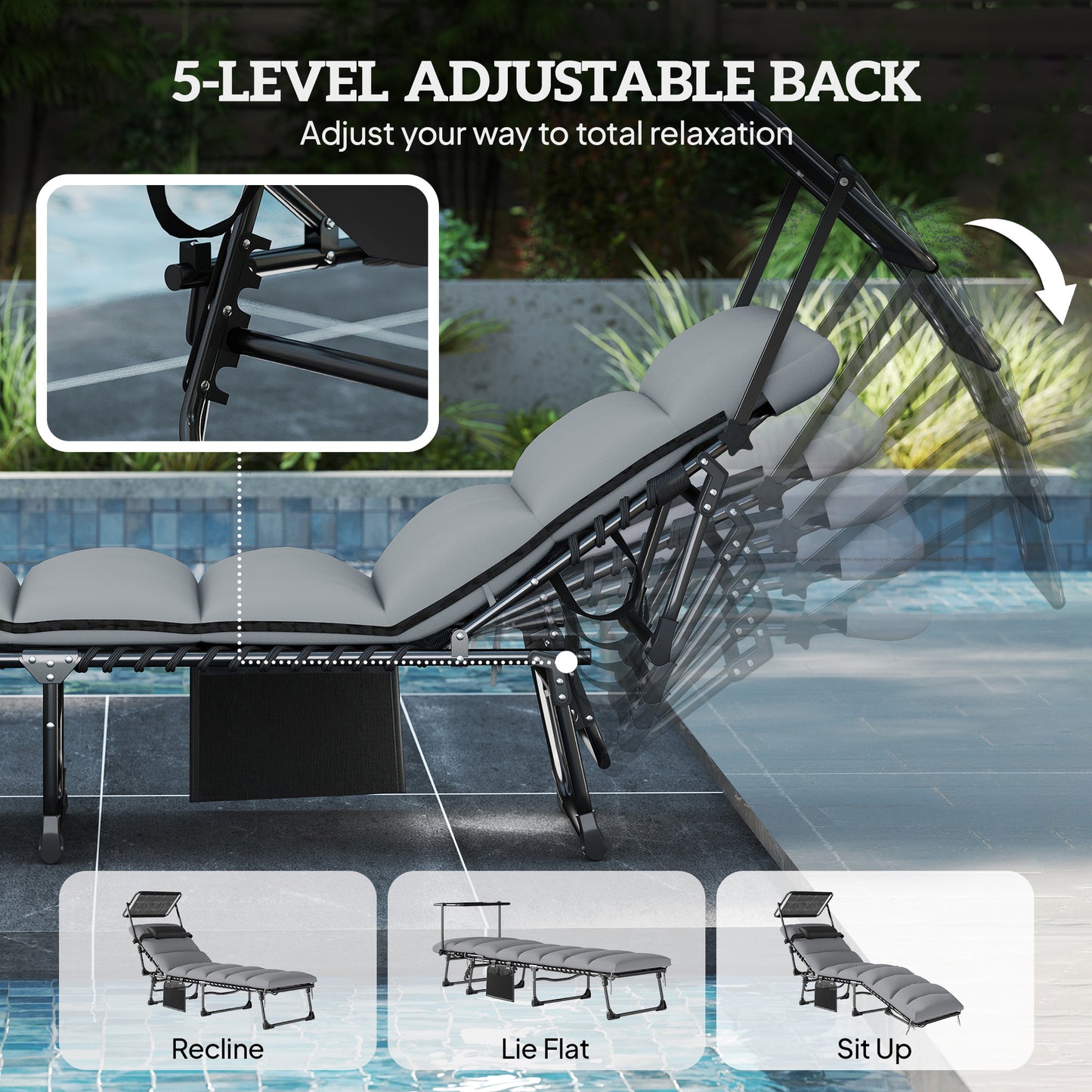 Chaise longue pliante avec auvent 5 positions — ensemble de 2