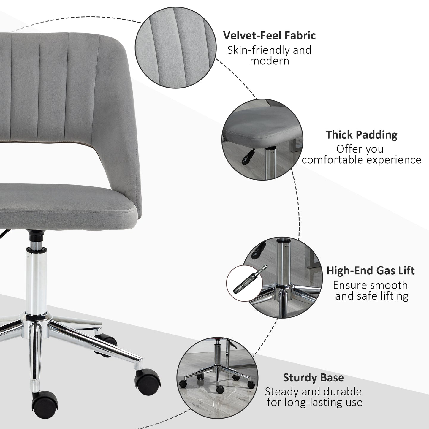 Chaise de bureau mi-hauteur velours forme festonnée pivotante