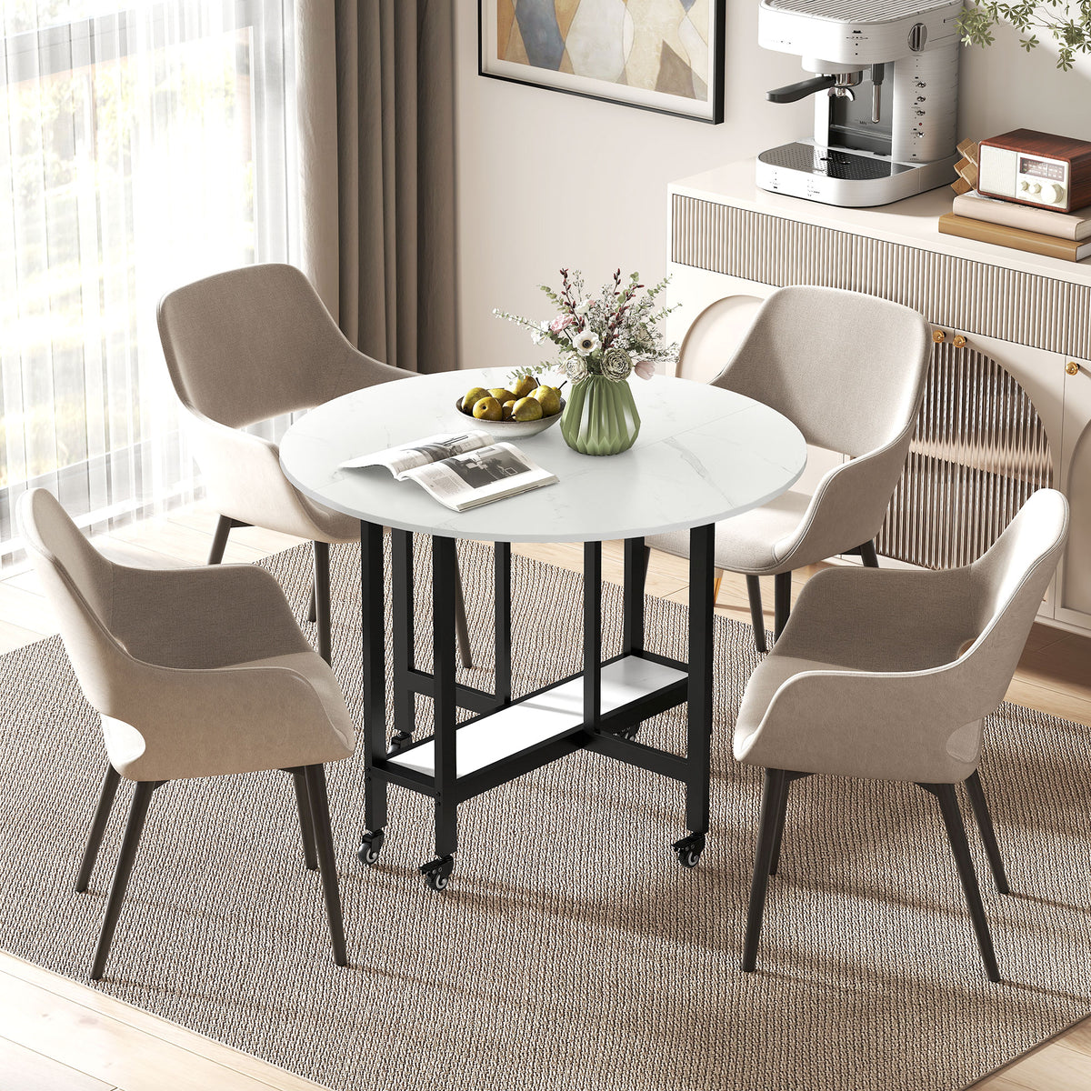 Table à manger pliante avec tablette — blanc marbre