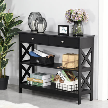 Table console étroite 99 cm avec tiroirs et étagères