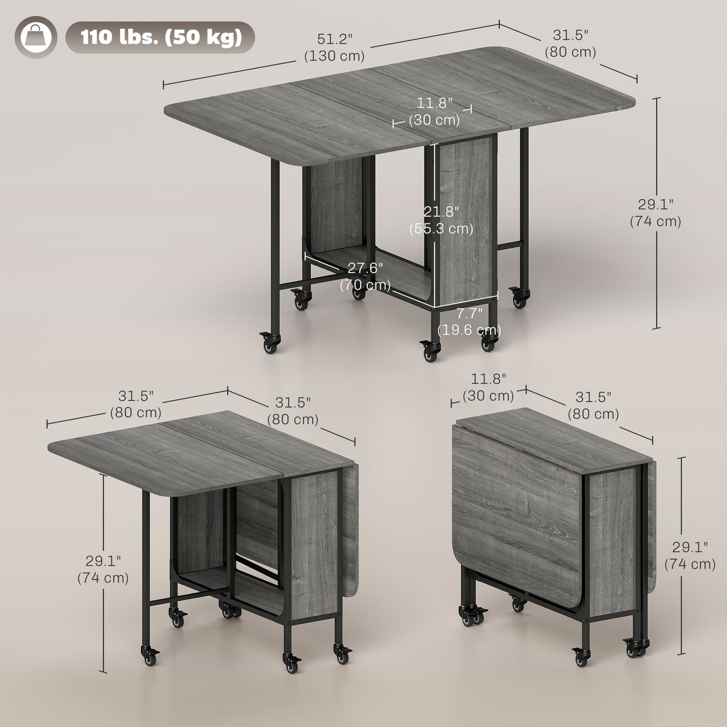 Table à manger pliante extensible avec tablette et roulettes