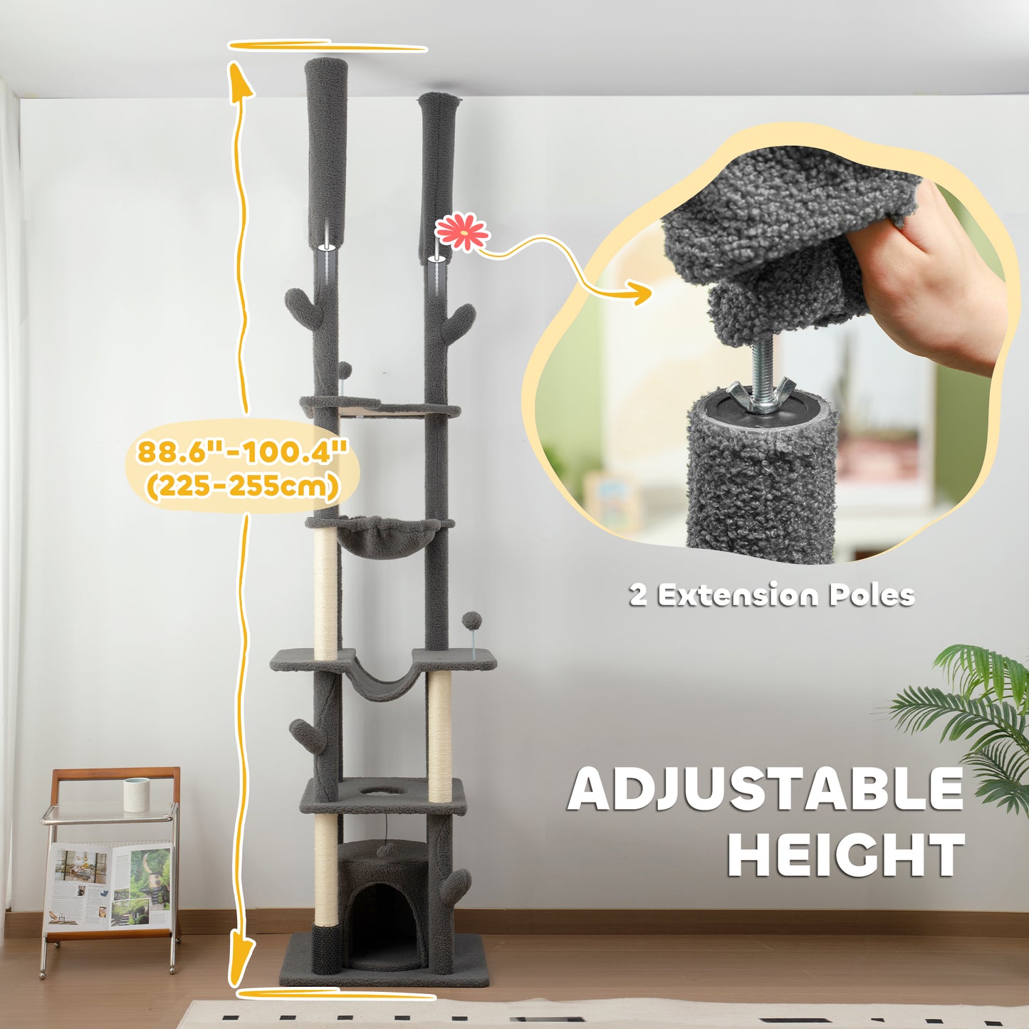 Arbre à chat plafond-sol ajustable 225-255cm avec hamacs