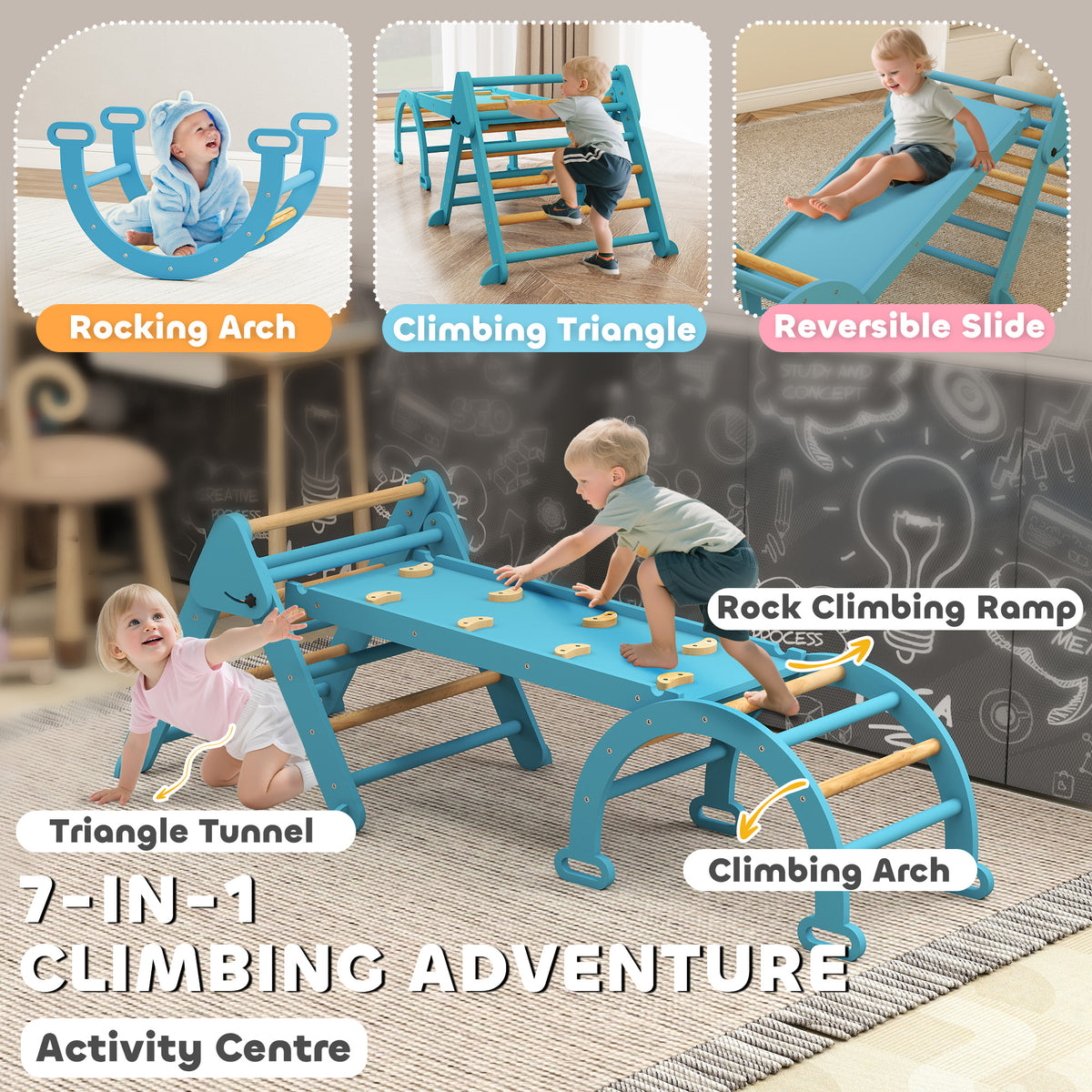 Ensemble triangle de Pikler 7-en-1 pliable en bois
