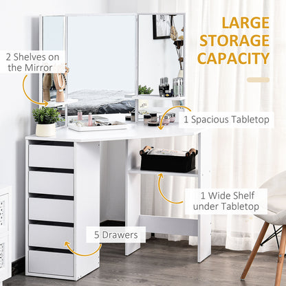 Table de maquillage d'angle miroir triptyque avec tiroirs