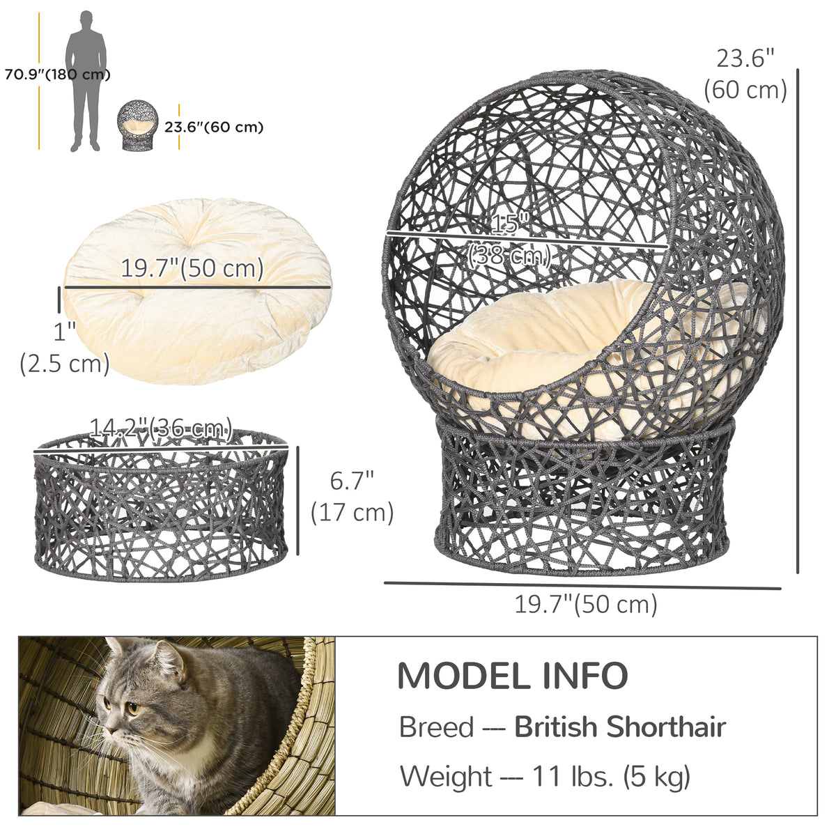 Lit pour chat en corde tissée avec coussin et support