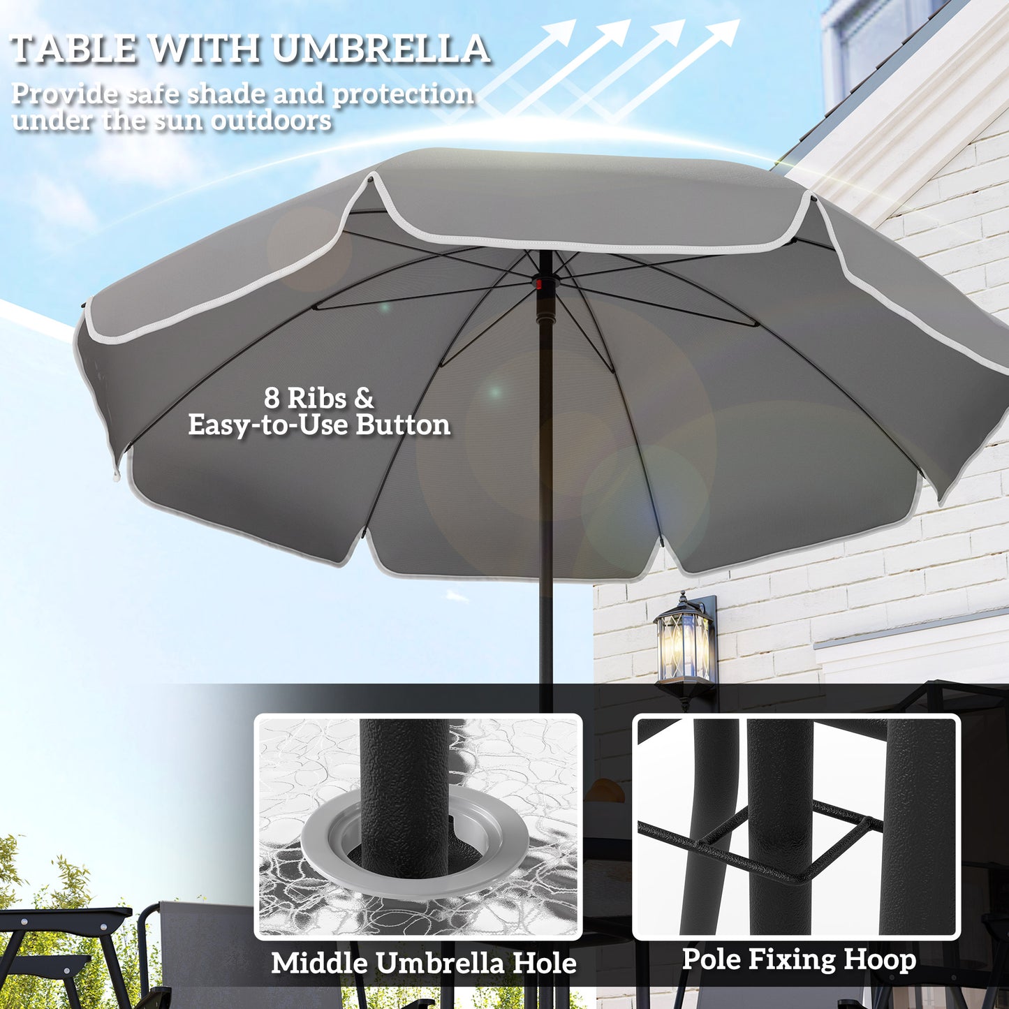 Ensemble repas extérieur 6 pièces avec parasol et table en verre