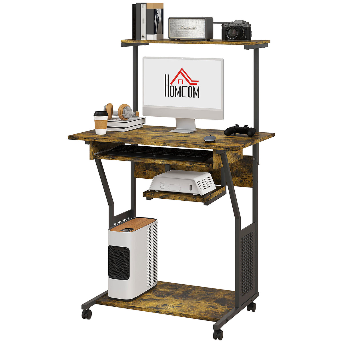 Bureau informatique mobile avec étagères et roulettes