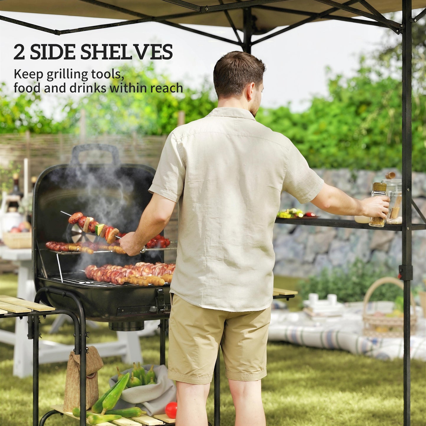 Gazebo de barbecue escamotable UPF 50+ avec 2 tablettes