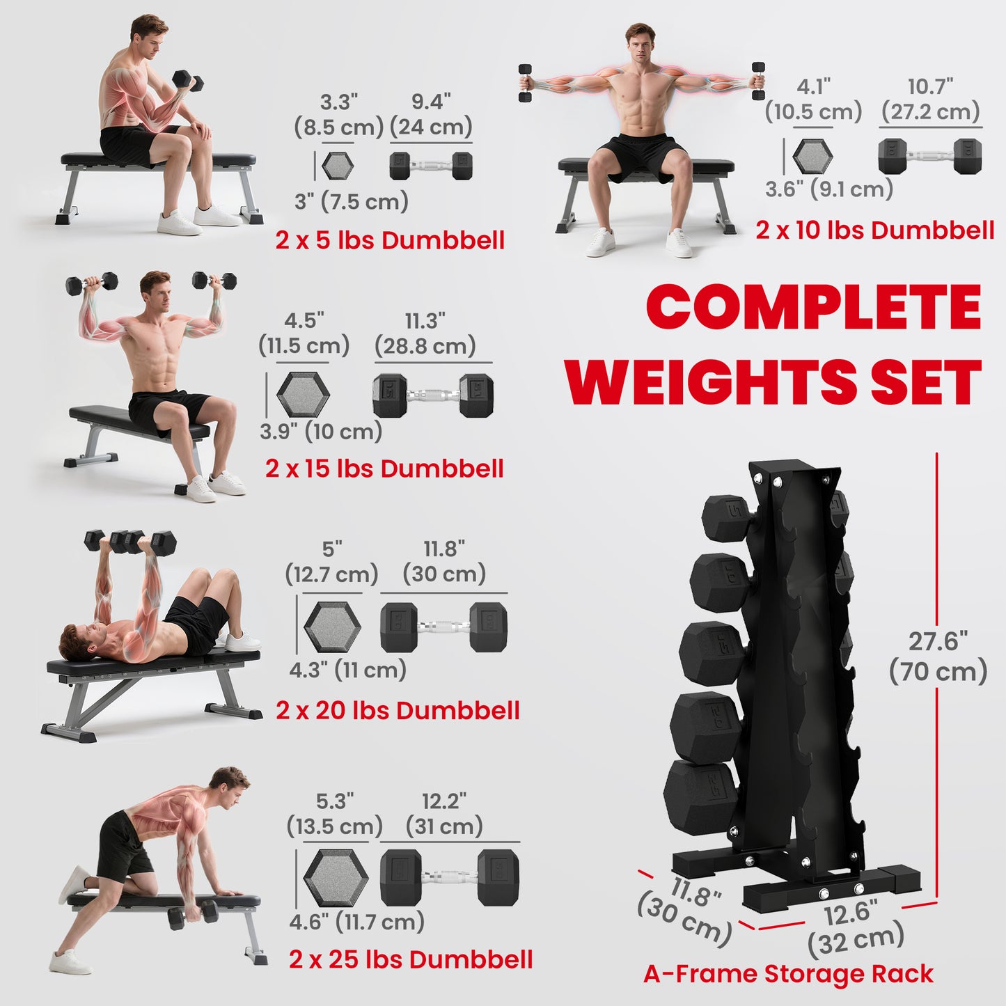 Ensemble d'haltères hexagonaux avec support vertical 68 kg