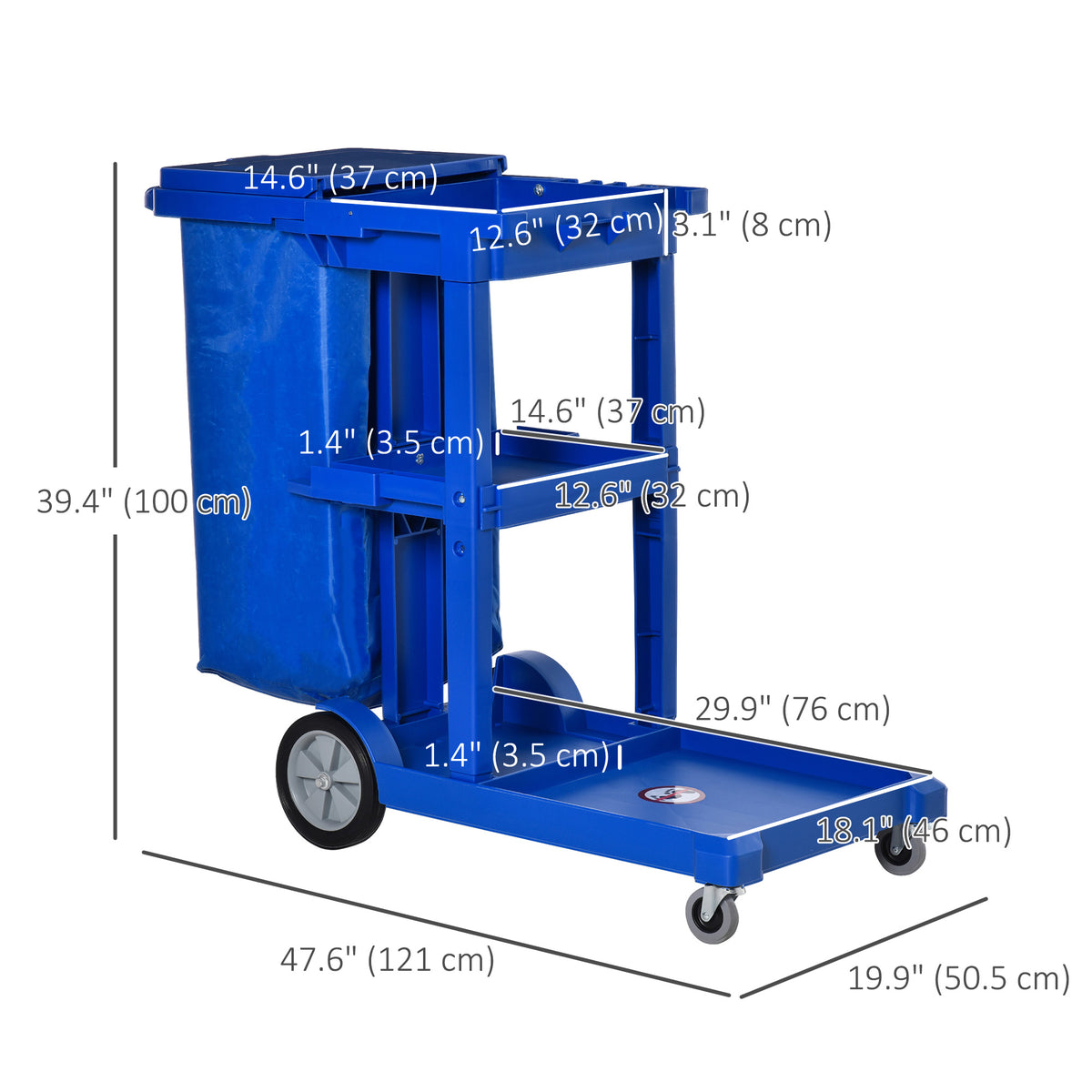 Chariot de nettoyage 3 étages avec sac à ordures