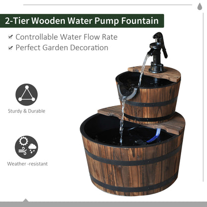 Outsunny 2-Tier Wooden Fountain with Electric Pump for Garden
