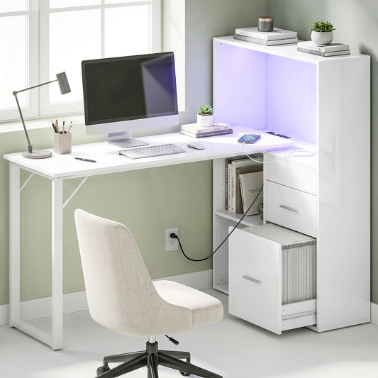 Bureau informatique avec tiroirs, prises et éclairage DEL