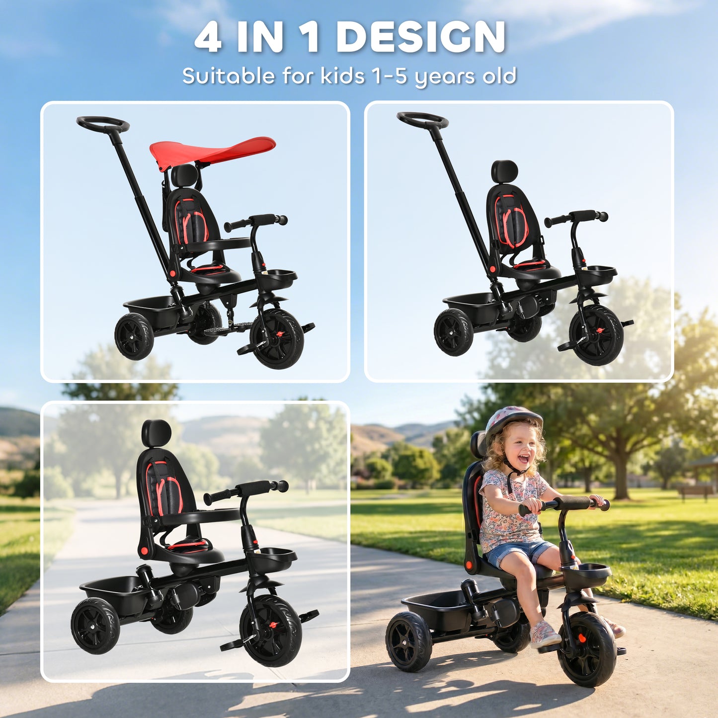 Tricycle évolutif 5-en-1 avec poignée parentale