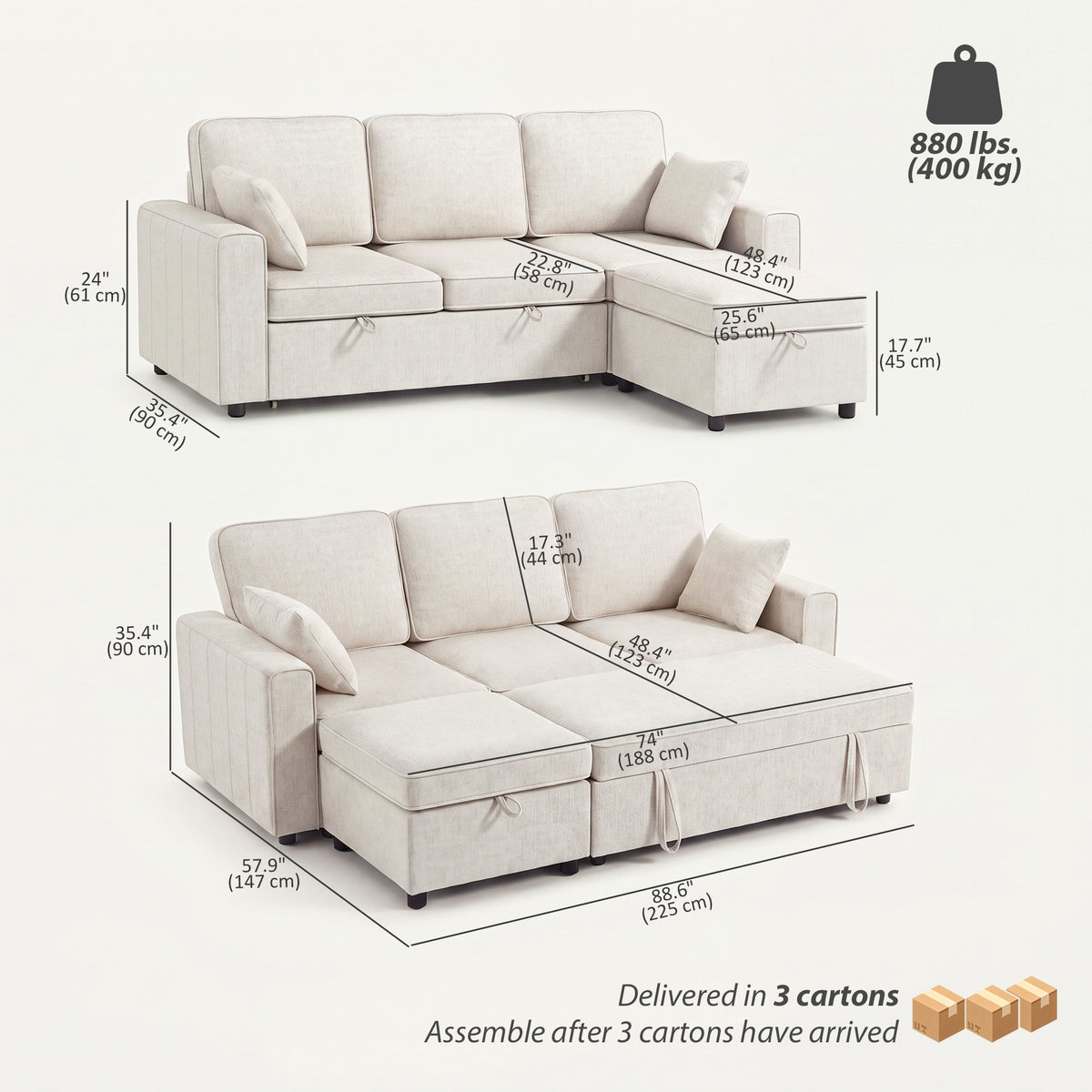 Causeuse modulaire convertible avec ottoman — gris