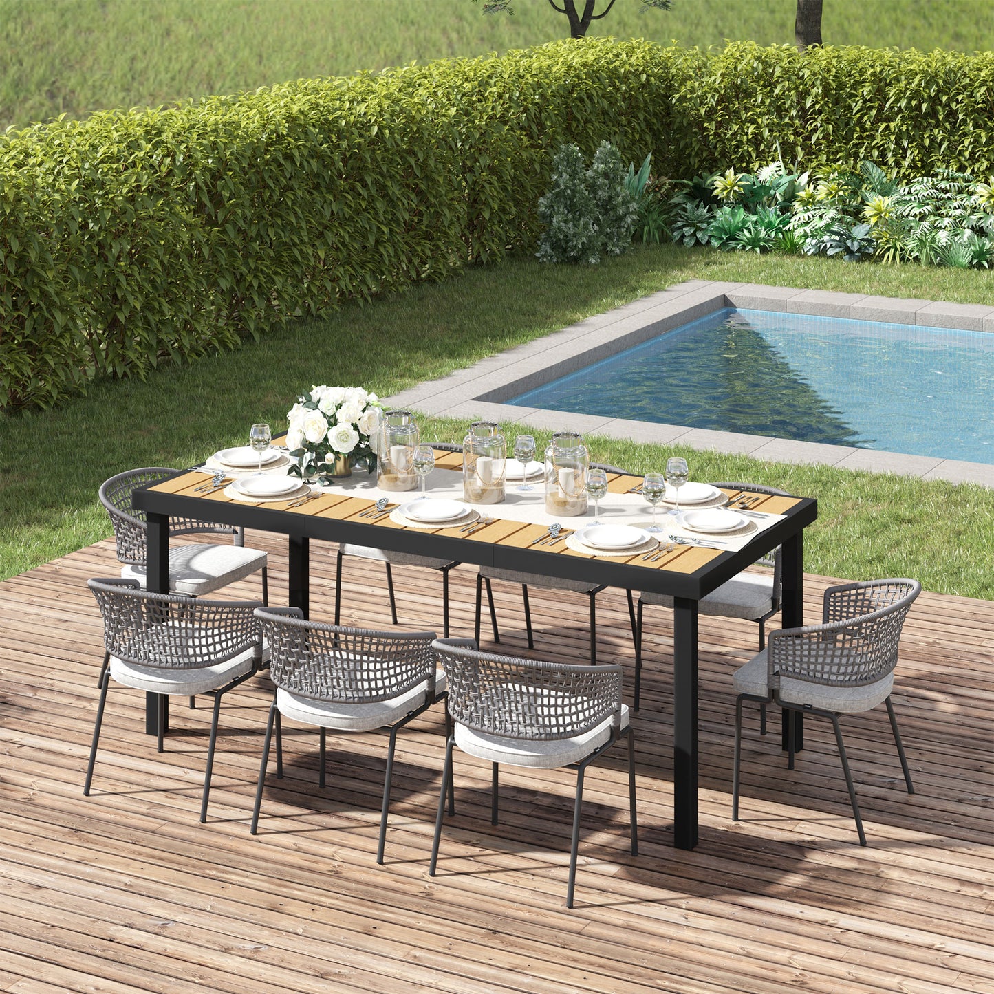 Table de jardin rectangulaire 8 personnes, plateau effet bois