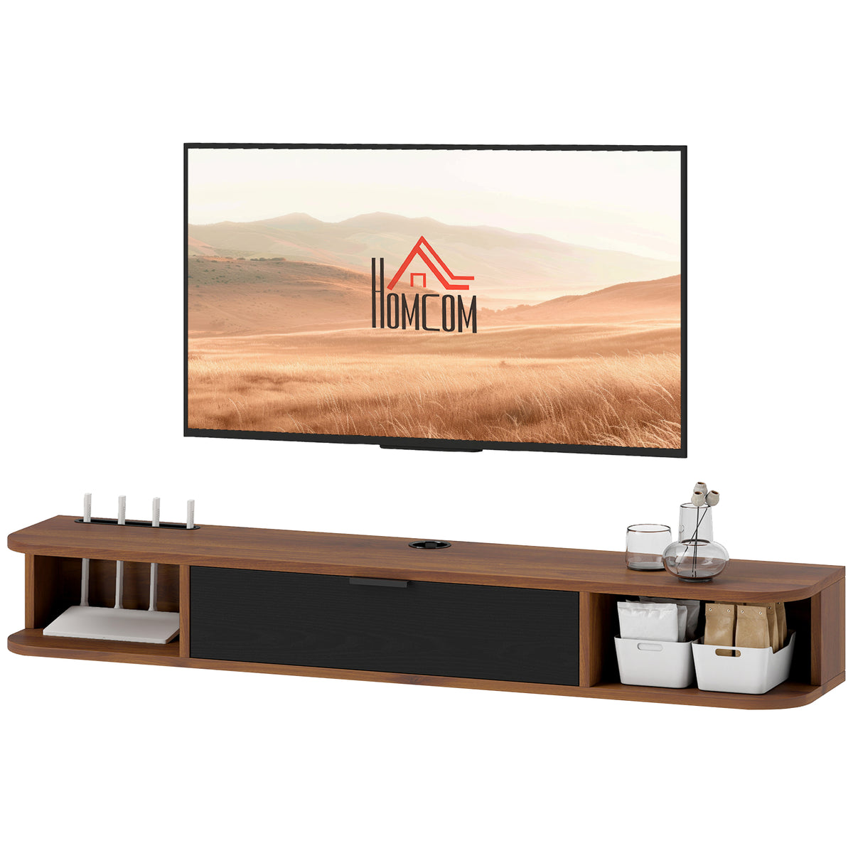 Meuble TV mural avec tiroir et 2 tablettes ouvertes