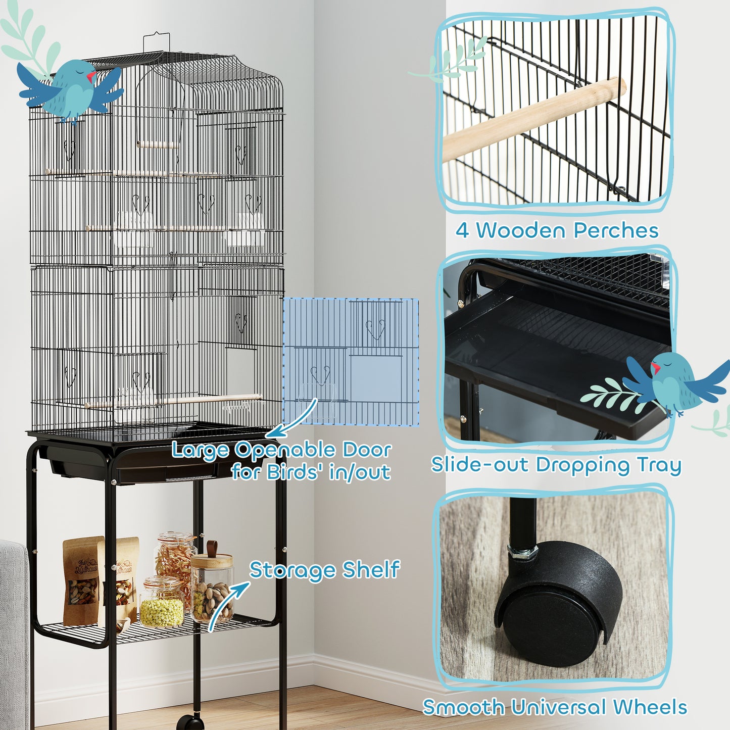 Cage à oiseaux sur roulettes avec tablette de rangement