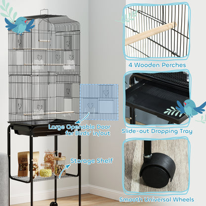 Cage à oiseaux sur roulettes avec tablette de rangement