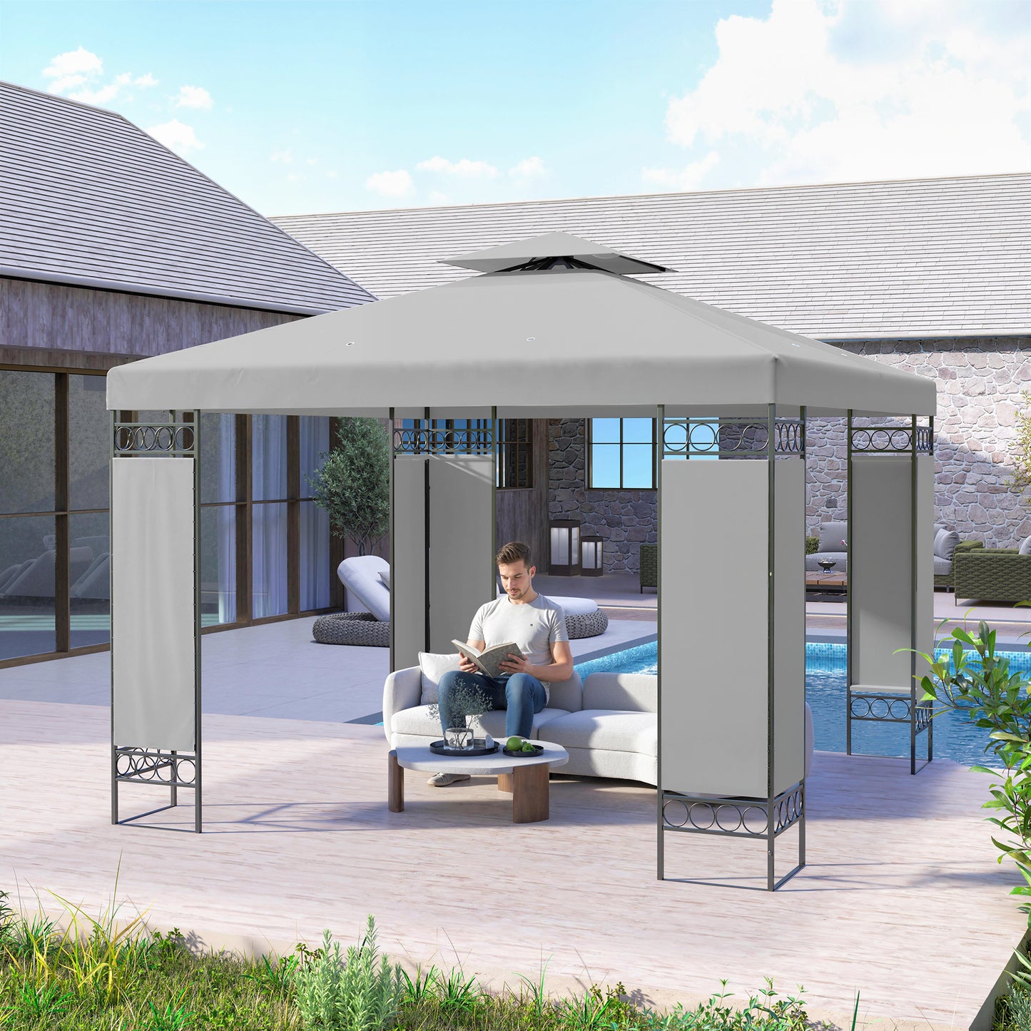 Gazebo double toit avec panneaux écran 3x3m