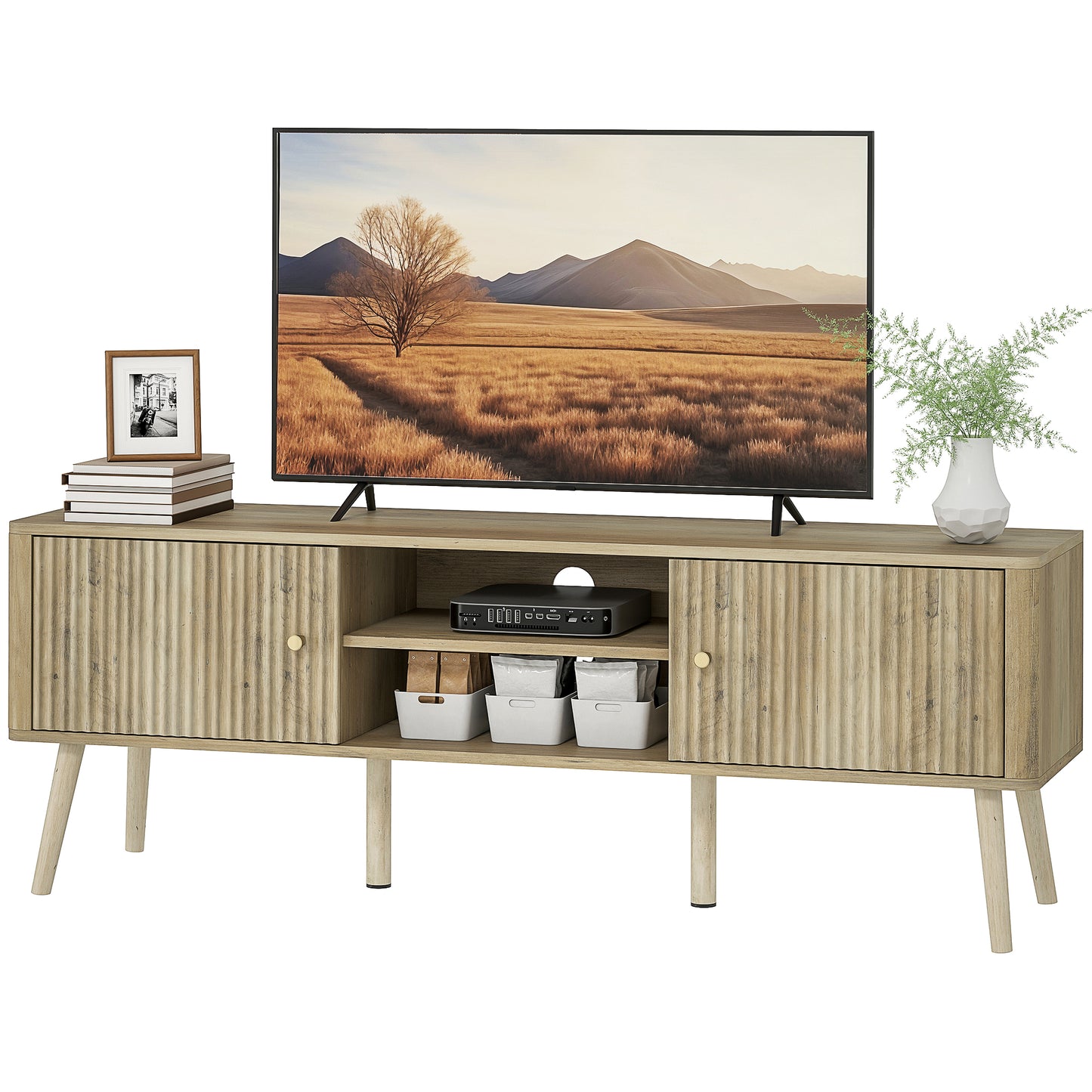 Meuble télé portes cannelées et tablettes ajustables