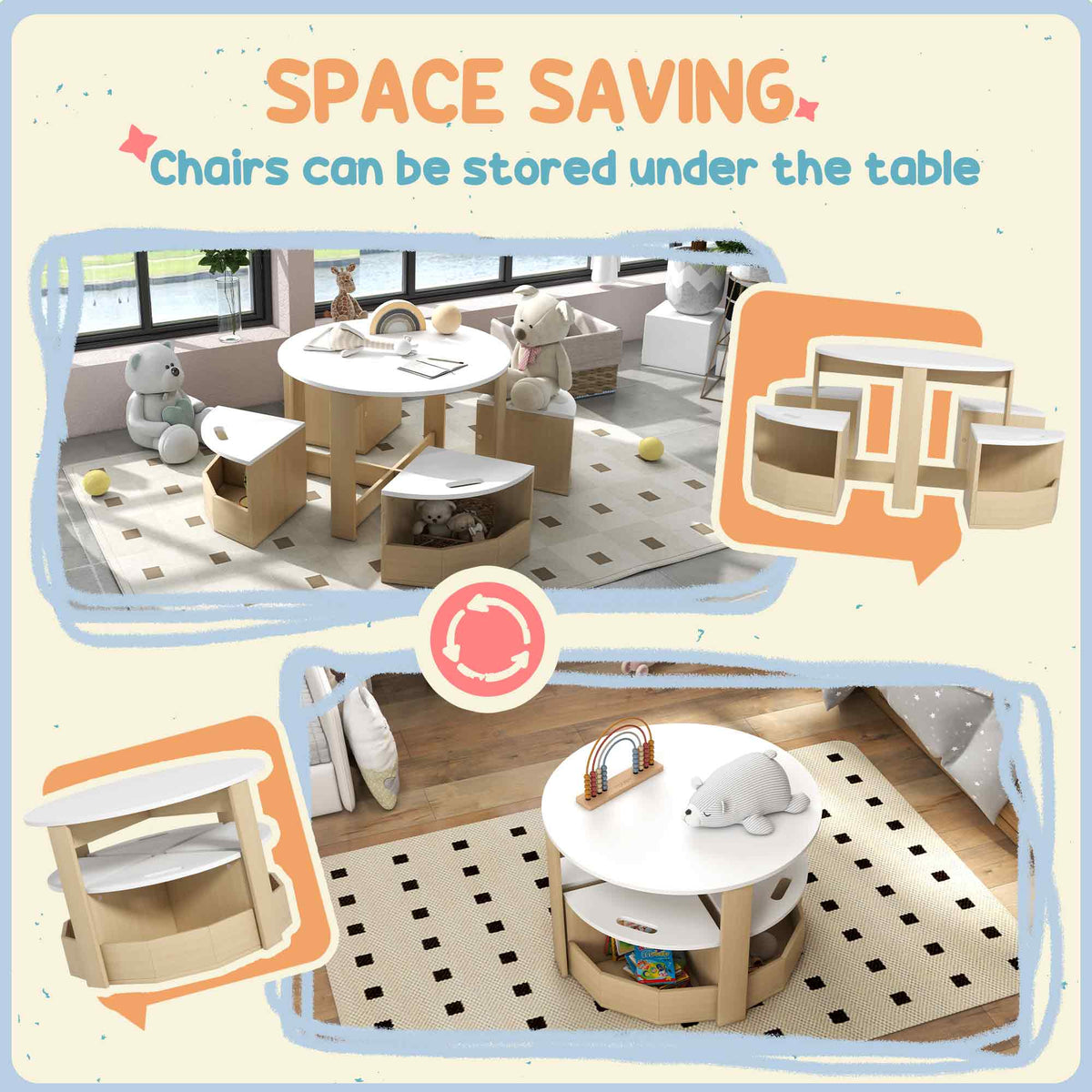 Ensemble table et chaises pour enfants avec rangement — Lot de 5