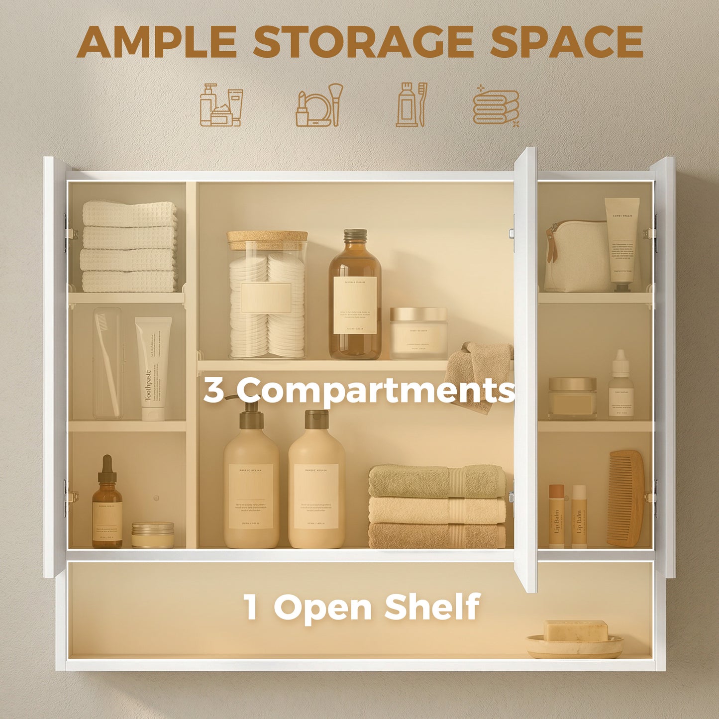 Armoire à pharmacie murale avec miroir triple et tablettes