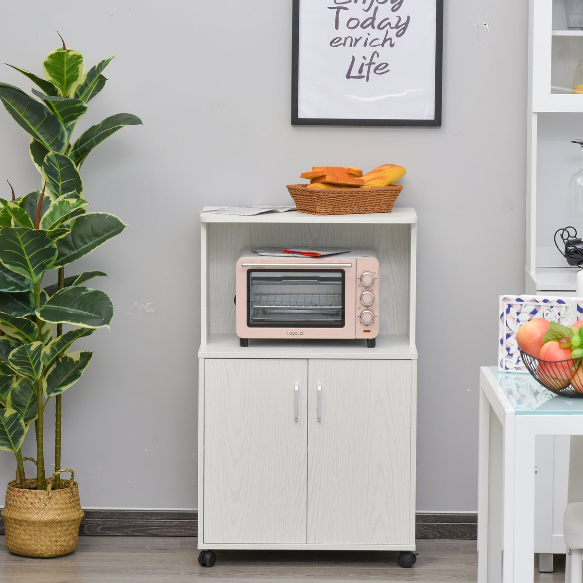 Chariot micro-ondes avec rangement et cabinet 2 portes