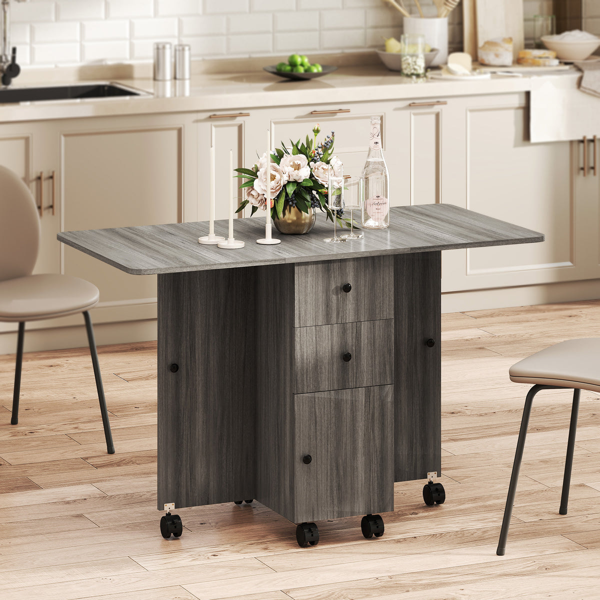 Table à manger pliante escamotable avec rangement à roulettes