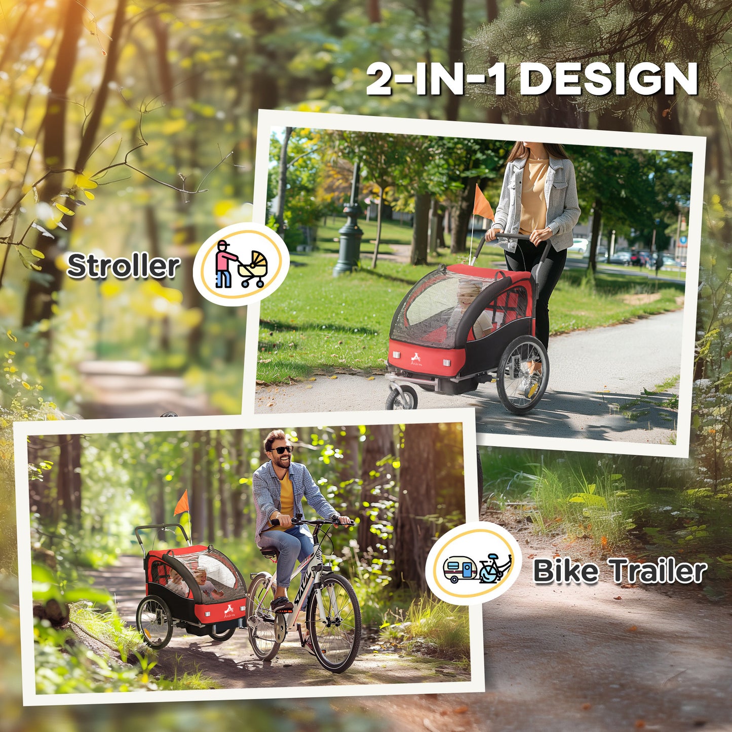 Remorque vélo enfants 2-en-1 avec poussette pliable