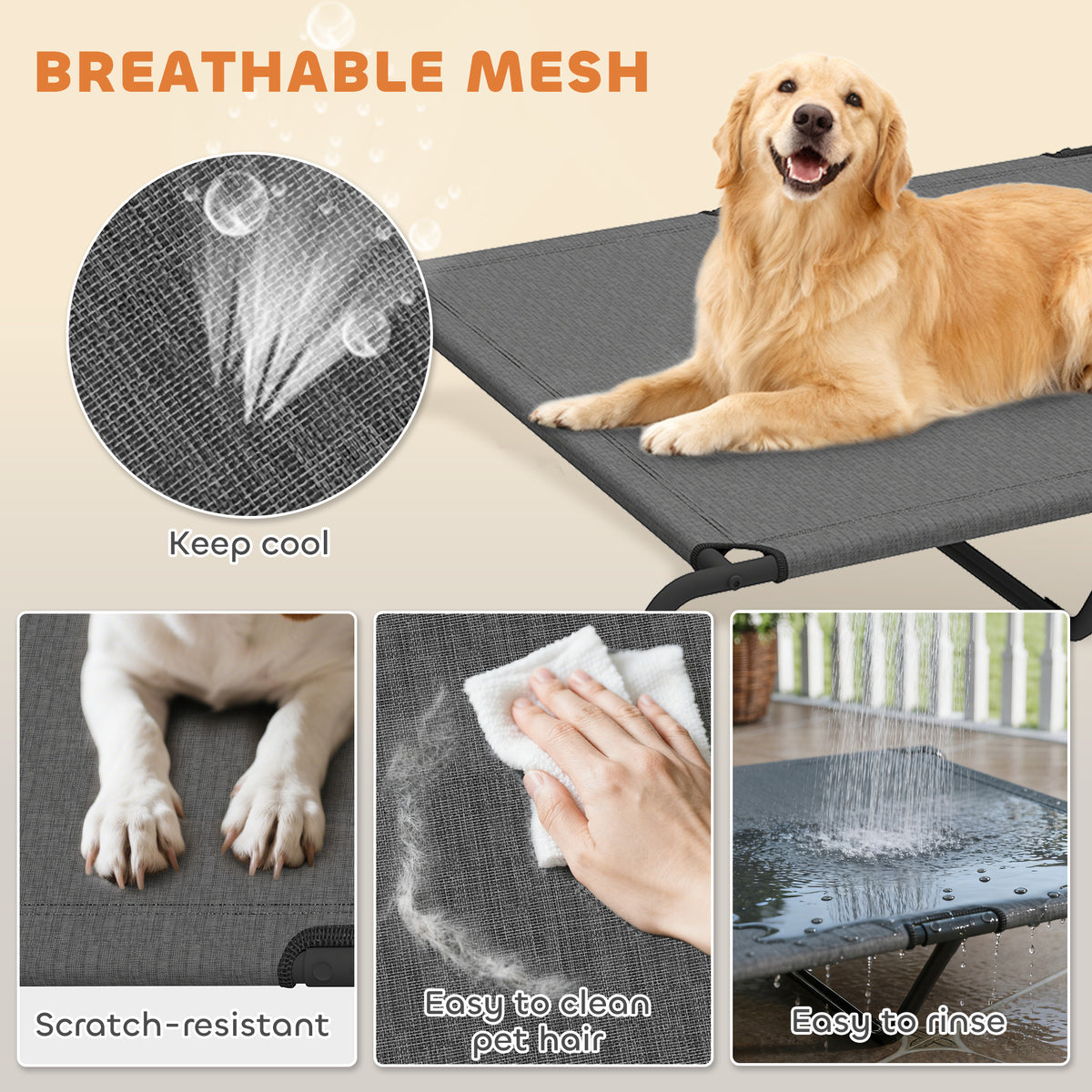 Lit surélevé pour chien extérieur en maille respirante