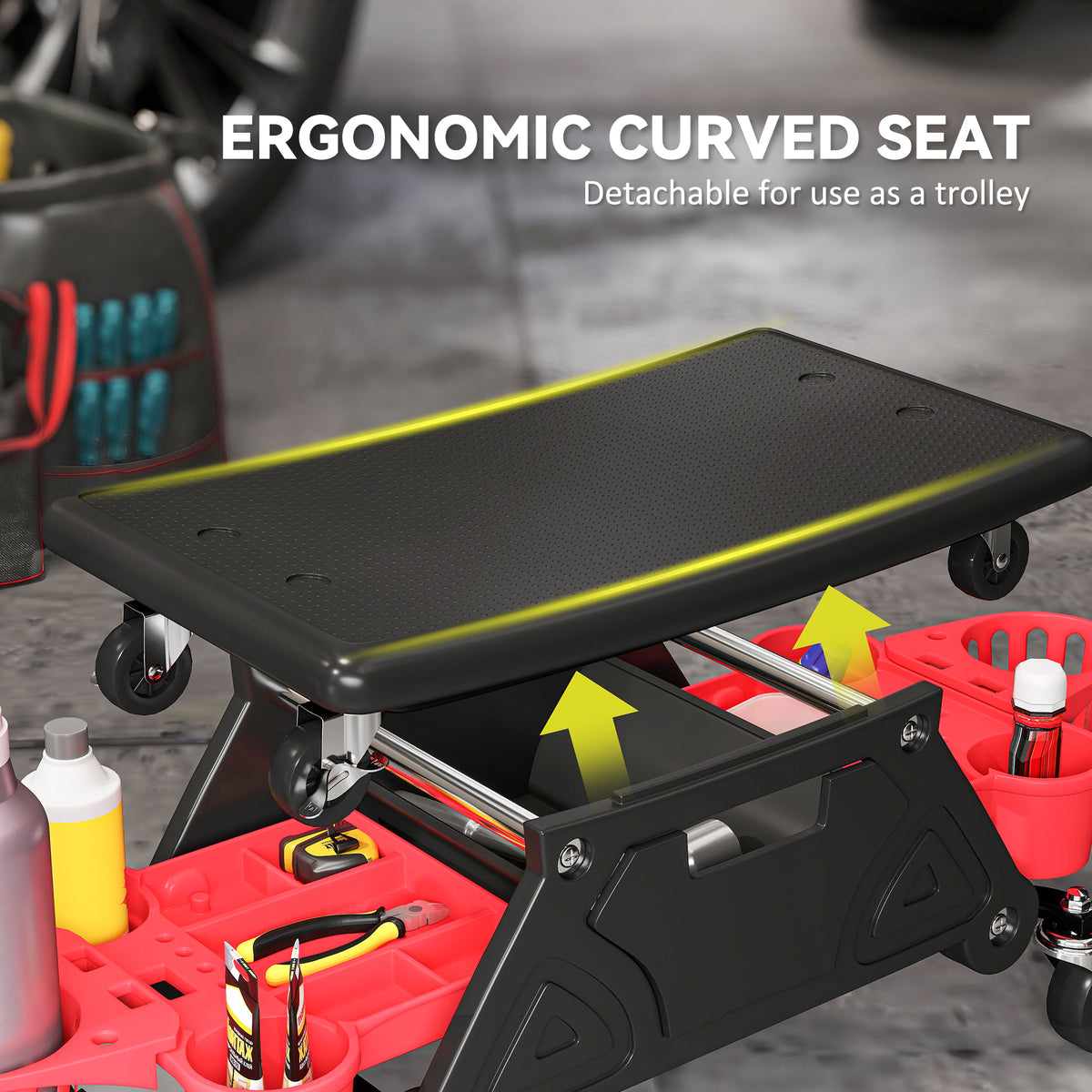 Tabouret de garage roulant avec roulettes et plateaux à outils