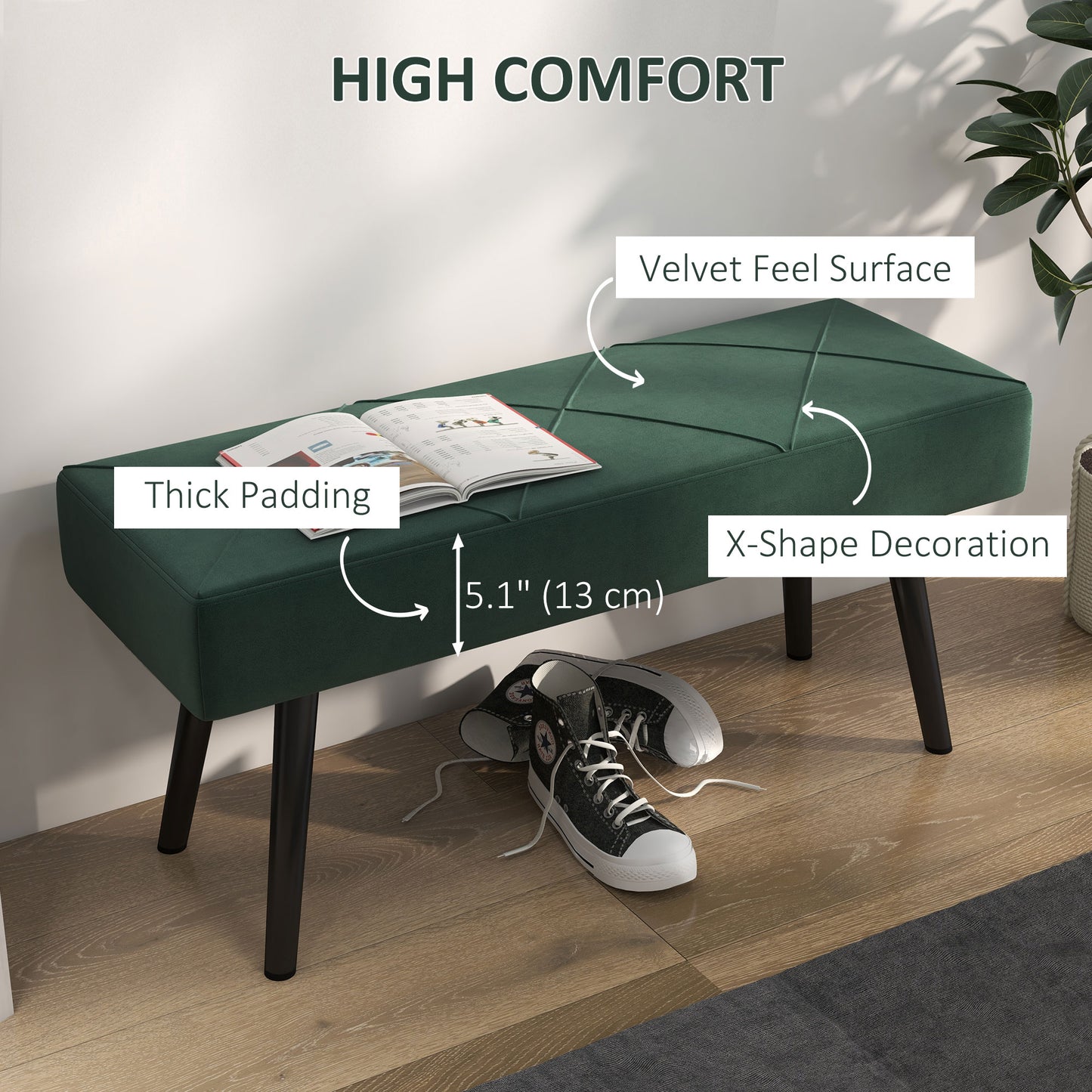 Banc de lit capitonné velours — pieds en acier