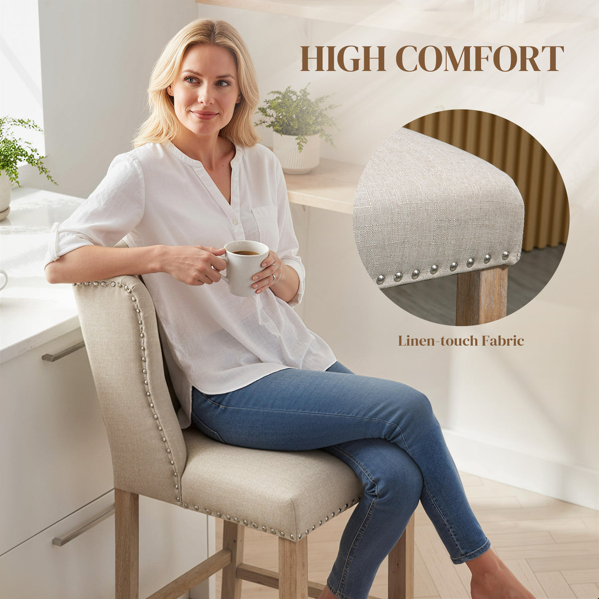 Ensemble 2 tabourets comptoir capitonné — beige