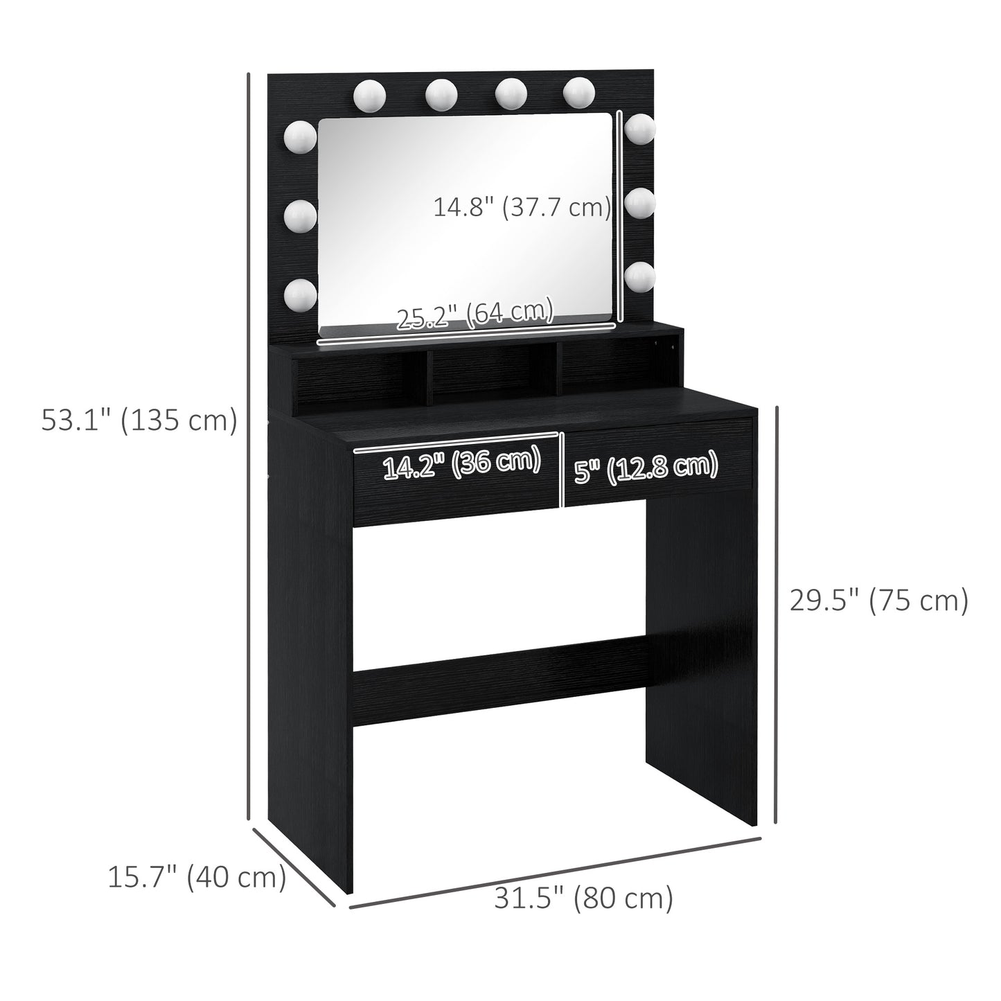 Coiffeuse avec miroir éclairé LED et tiroirs