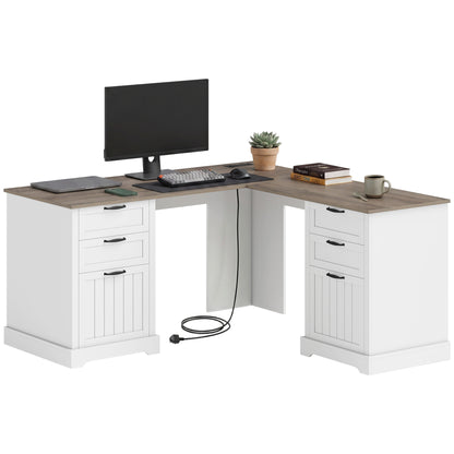 Bureau en L avec prises et six tiroirs