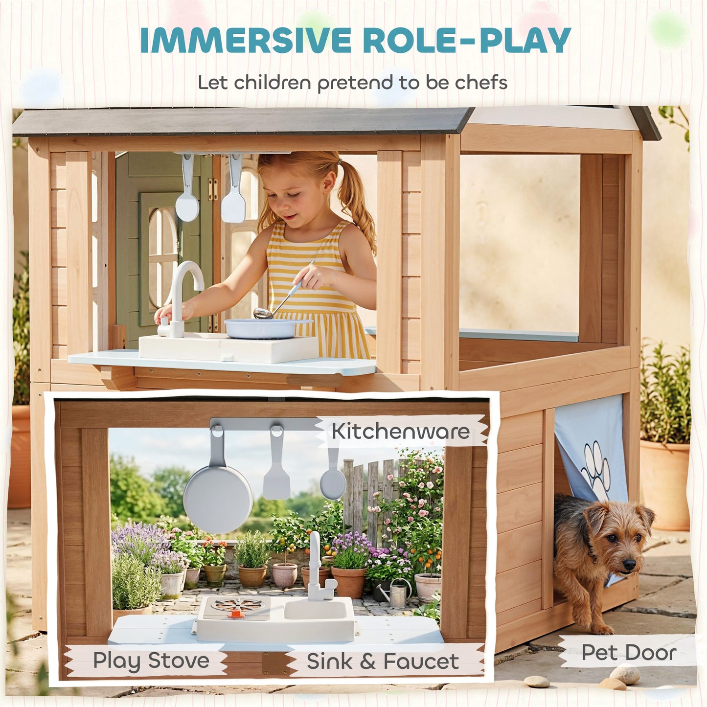 Maisonnette en bois avec cuisine et porte pour animaux