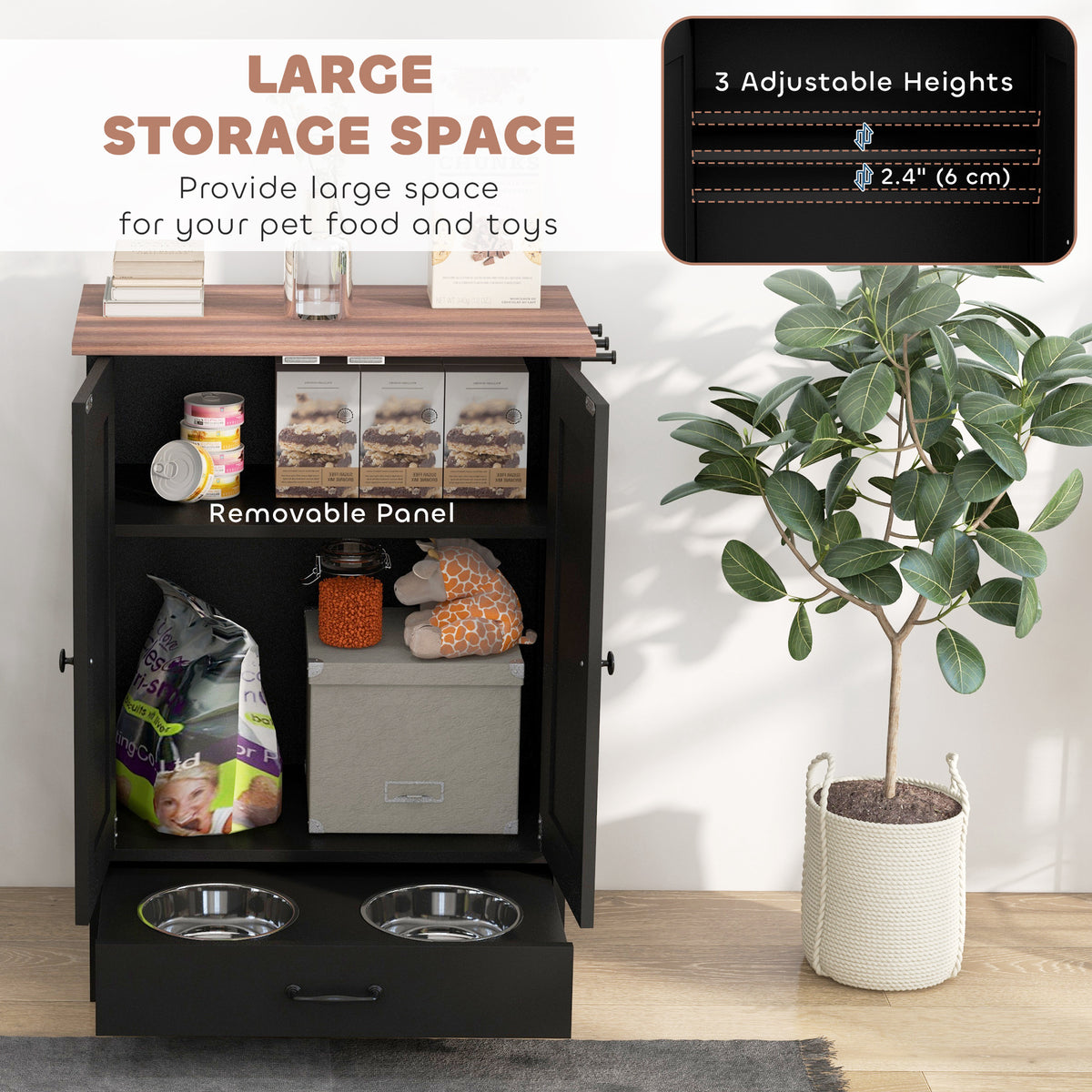 Station d'alimentation chien avec rangement ajustable
