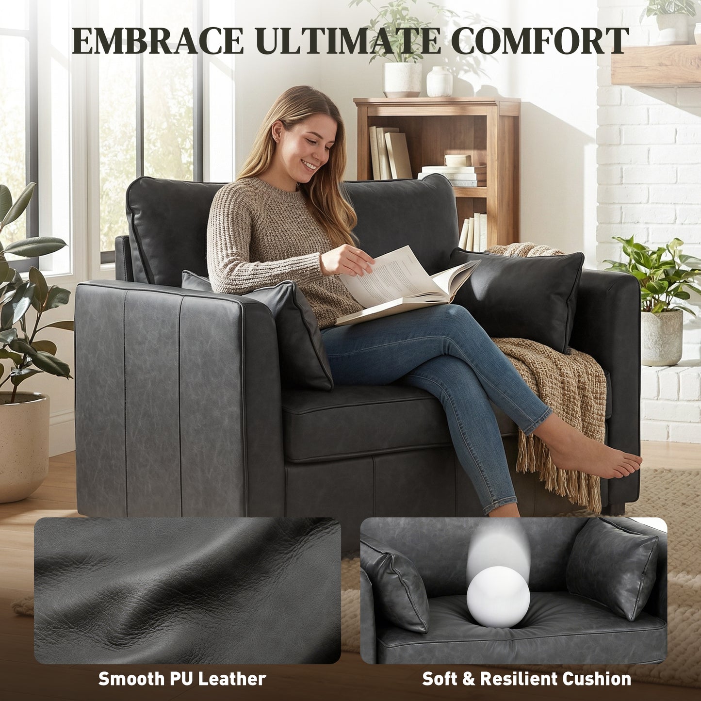 Fauteuil accent cuir PU siège large avec coussins